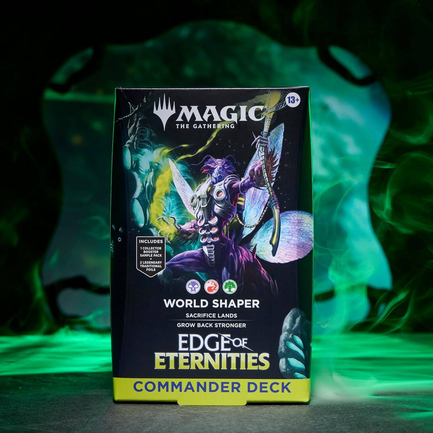 13+ MAGIC THE GATHERING INCLUDES 1 COLLECTOR BOOSTER 5 LANDS 2 LEGENDARY TRADITIONAL FOILS WORLD SHAPER SACRIFICE LANDS GROW BACK STRONGER EDGE OF ETERNITIES COMMANDER DECK