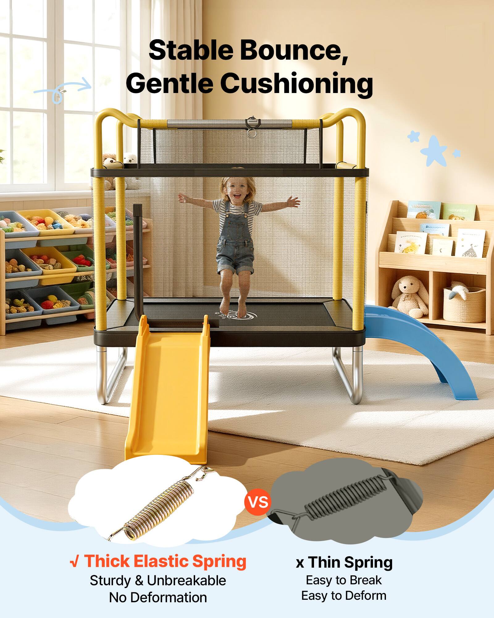 Stable Bounce, Gentle Cushioning

Thick Elastic Spring
Sturdy & Unbreakable
No Deformation

vs

Thin Spring
Easy to Break
Easy to Deform