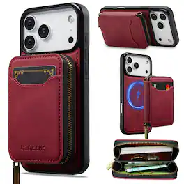 Dteck - 2-in-1 Magnetic Detachable Zipper Wallet Case for Apple iPhone 18 Pro Max, RFID Blocking PU Leather Phone Cover - Red