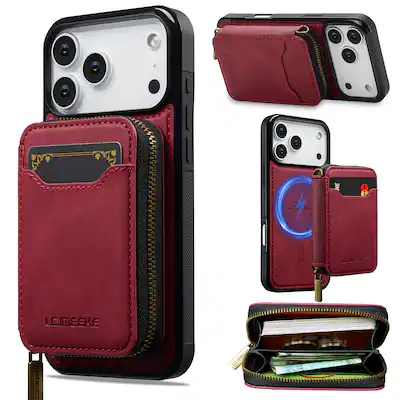 Dteck - 2-in-1 Magnetic Detachable Zipper Wallet Case for Apple iPhone 17 Pro, RFID Blocking PU Leather Phone Cover - Red Dteck - 2-in-1 Magnetic Detachable Zipper Wallet Case for Apple iPhone 17 Pro, RFID Blocking PU Leather Phone Cover - Red