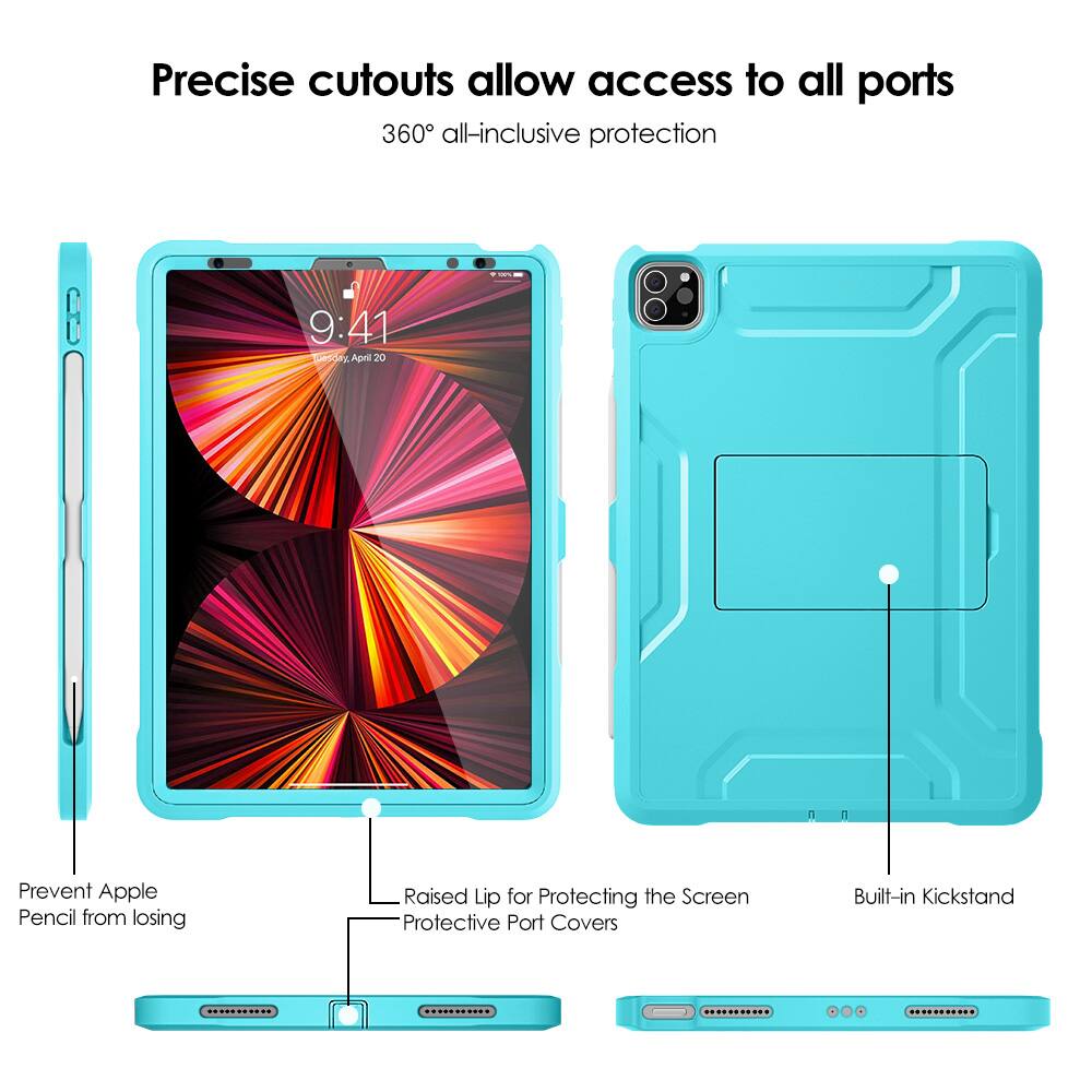 Precise cutouts allow access to all ports  
360° all-inclusive protection  

- Prevent Apple Pencil from losing  
- Raised Lip for Protecting the Screen  
- Protective Port Covers  
- Built-in Kickstand