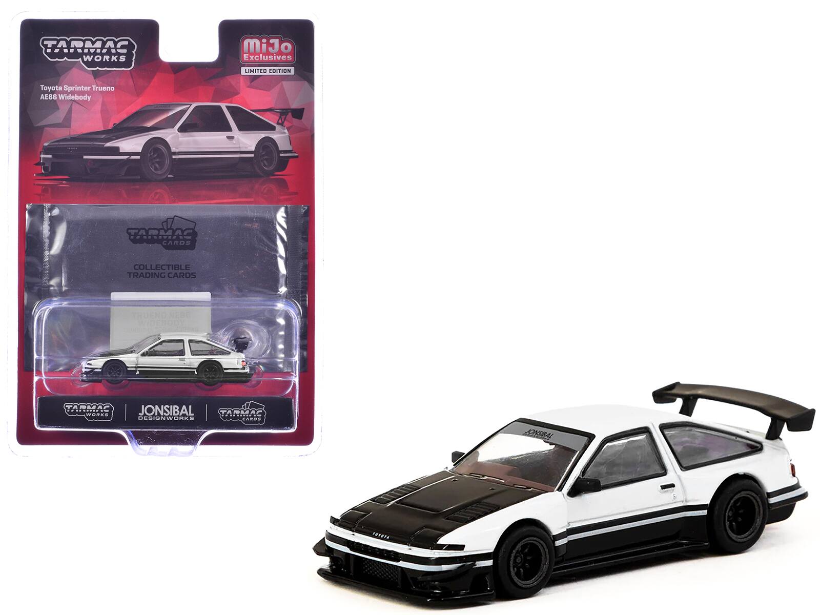Tarmac Works - Toyota Sprinter Trueno AE86 Widebody RHD (Right Hand Drive) with Tarmac Cards Global64 Series 1/64 - White and Black