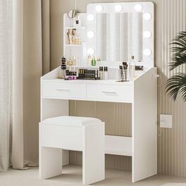 GARVEE - Vanity Desk with Mirror and Lights, Marble Finish Makeup Table, 2 Drawers, Dimmable LED, Stool Included - White