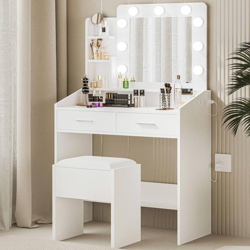 Front. GARVEE - Vanity Desk with Mirror and Lights, Marble Finish Makeup Table, 2 Drawers, Dimmable LED, Stool Included, White - White.