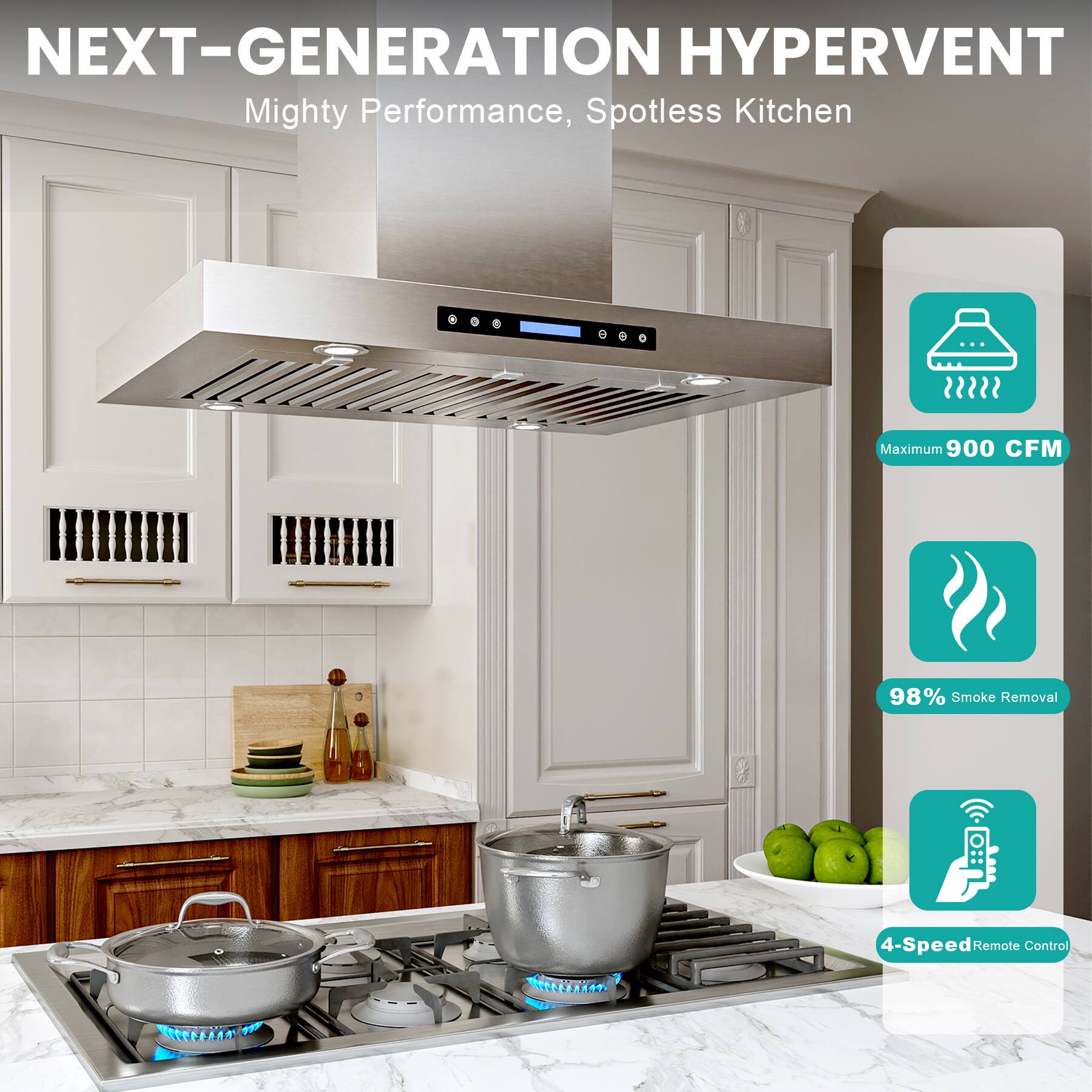NEXT-GENERATION HYPERVENT  
Mighty Performance, Spotless Kitchen  

- Maximum 900 CFM  
- 98% Smoke Removal  
- 4-Speed Remote Control