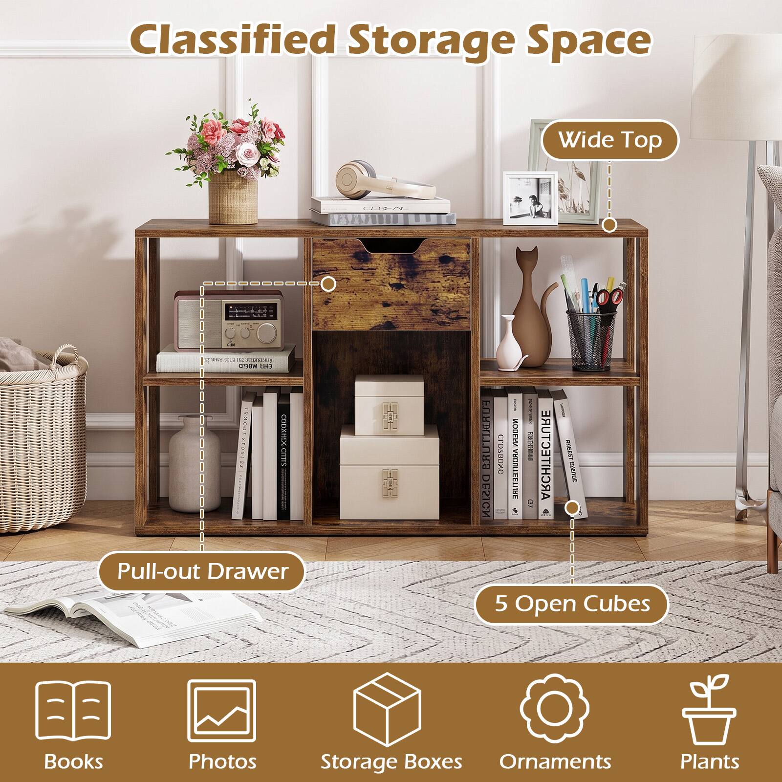 Classified Storage Space

Wide Top

CD&A

VILA MOUN per C298W the YOOKHI CODXHD6 MEDRIES SFA CITIIX Pull-out Drawer

PRUTIERDE DESIGN

| - CFDSDOXC NODERN ARCHITECTURE ARGEST AROURTCTURE DRENDE 97 5 Open Cubes

Books

Photos

Storage Boxes

Ornaments

Plants