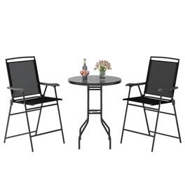 Boyel Living - 3 Pieces Outdoor Bar Stool Set with DPC Tabletop and Umbrella Hole for Poolside 45.5-in L x 25.5-in W x 24-in H - Black