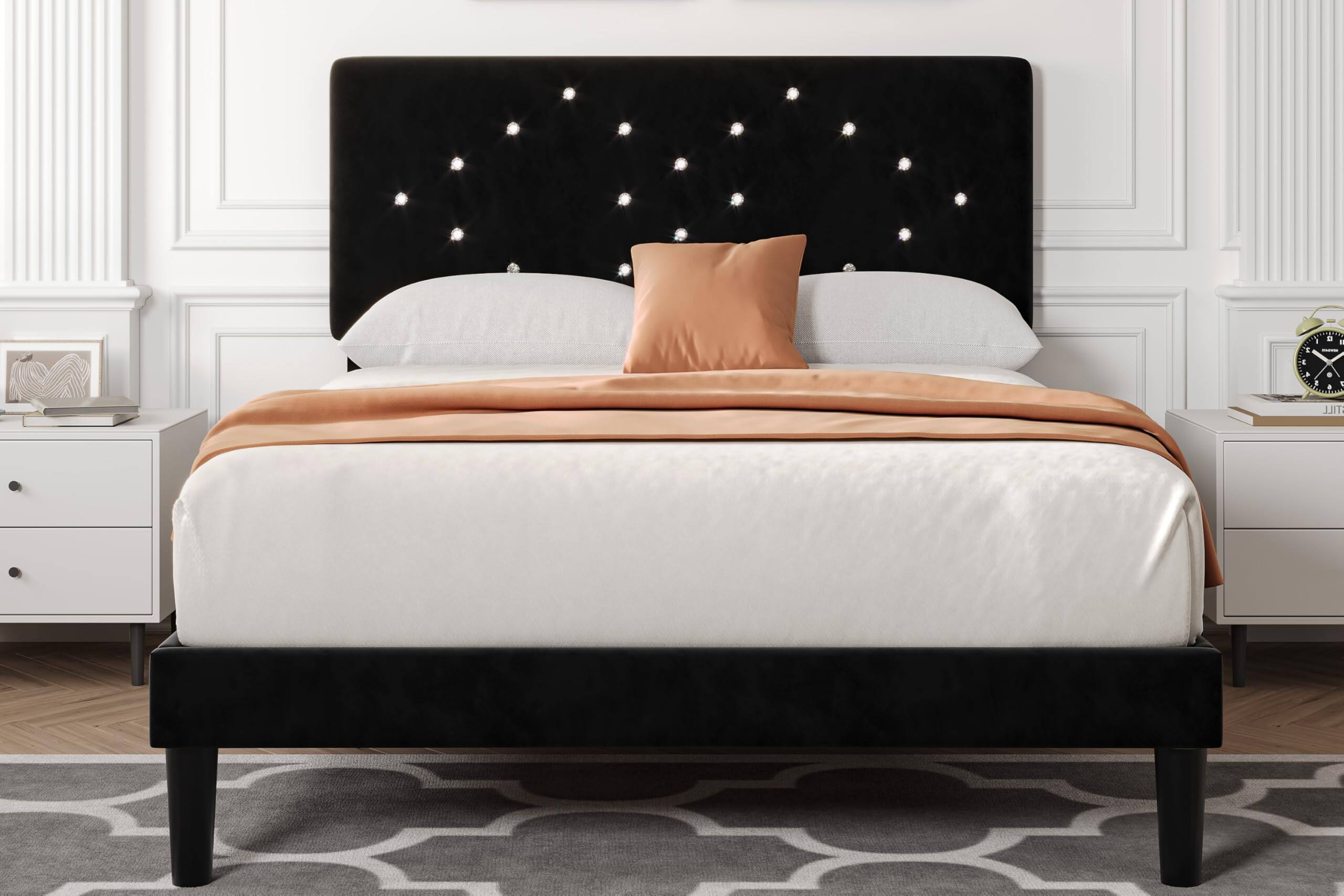 Left. GARVEE - Bed Frames, Velvet Upholstered Bed Frame with Vertical Channel Tufted & Sturdy Wood Slats - Black.