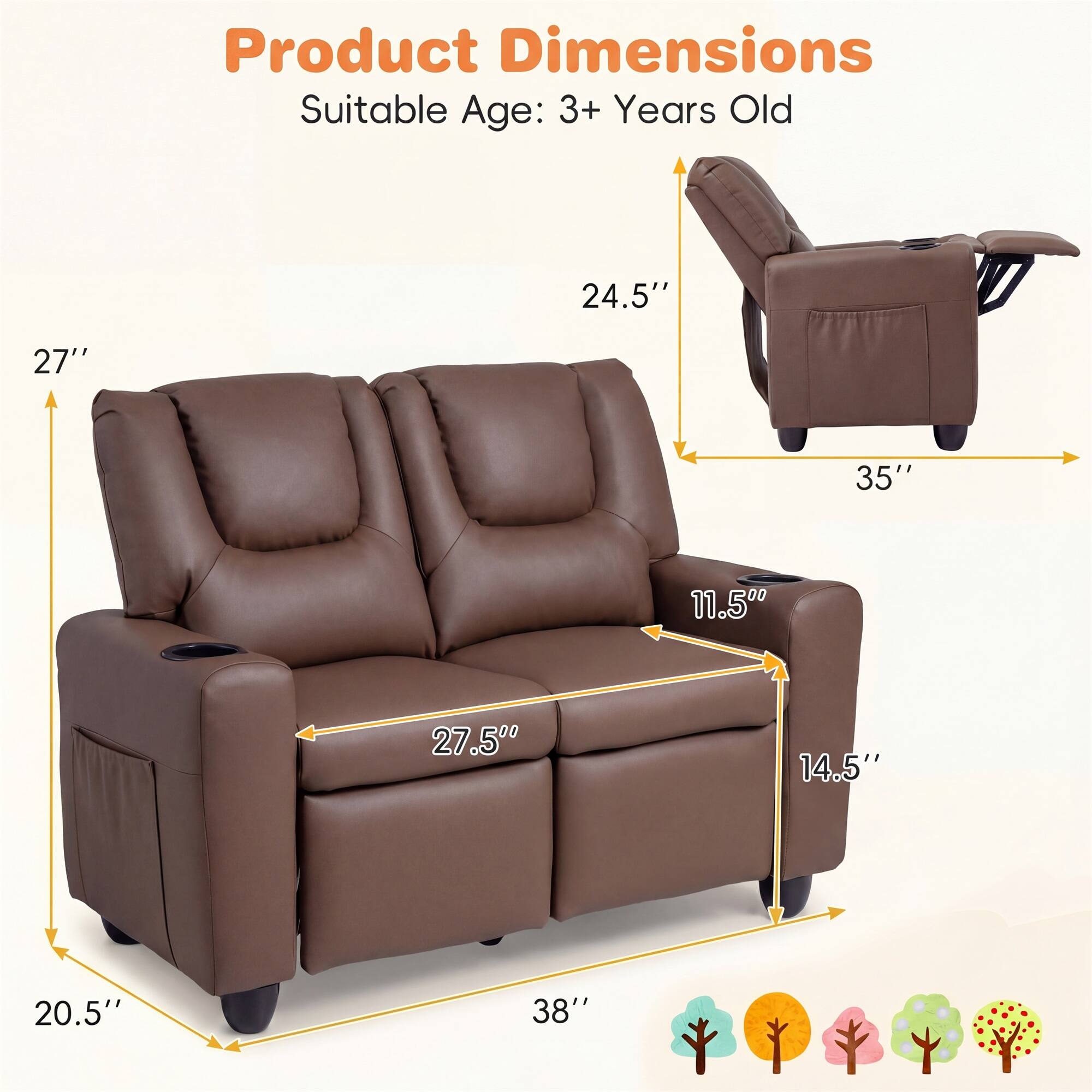 Product Dimensions  
Suitable Age: 3+ Years Old  

- 24.5"  
- 27"  
- 35"  
- 11.5"  
- 27.5"  
- 14.5"  
- 20.5"  
- 38"