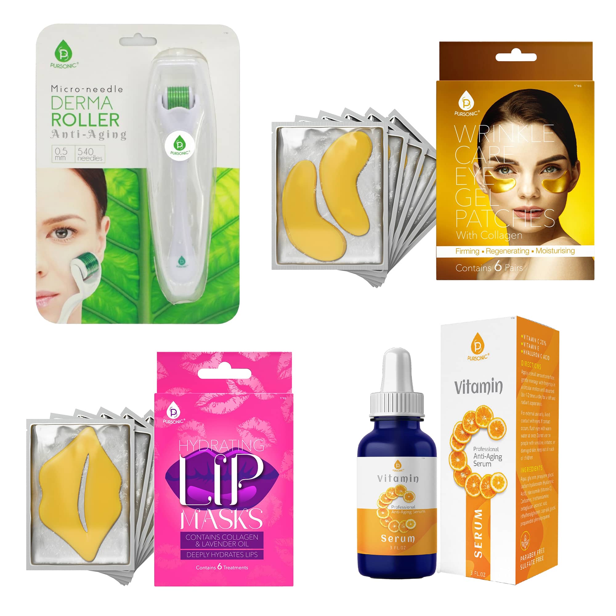 Pursonic - Ultimate Skincare Bundle: Vitamin C Serum (3 fl. oz), Wrinkle Care Eye Gel Patches, Hydrating Lip Masks (Pack of 6), and - Multicolor