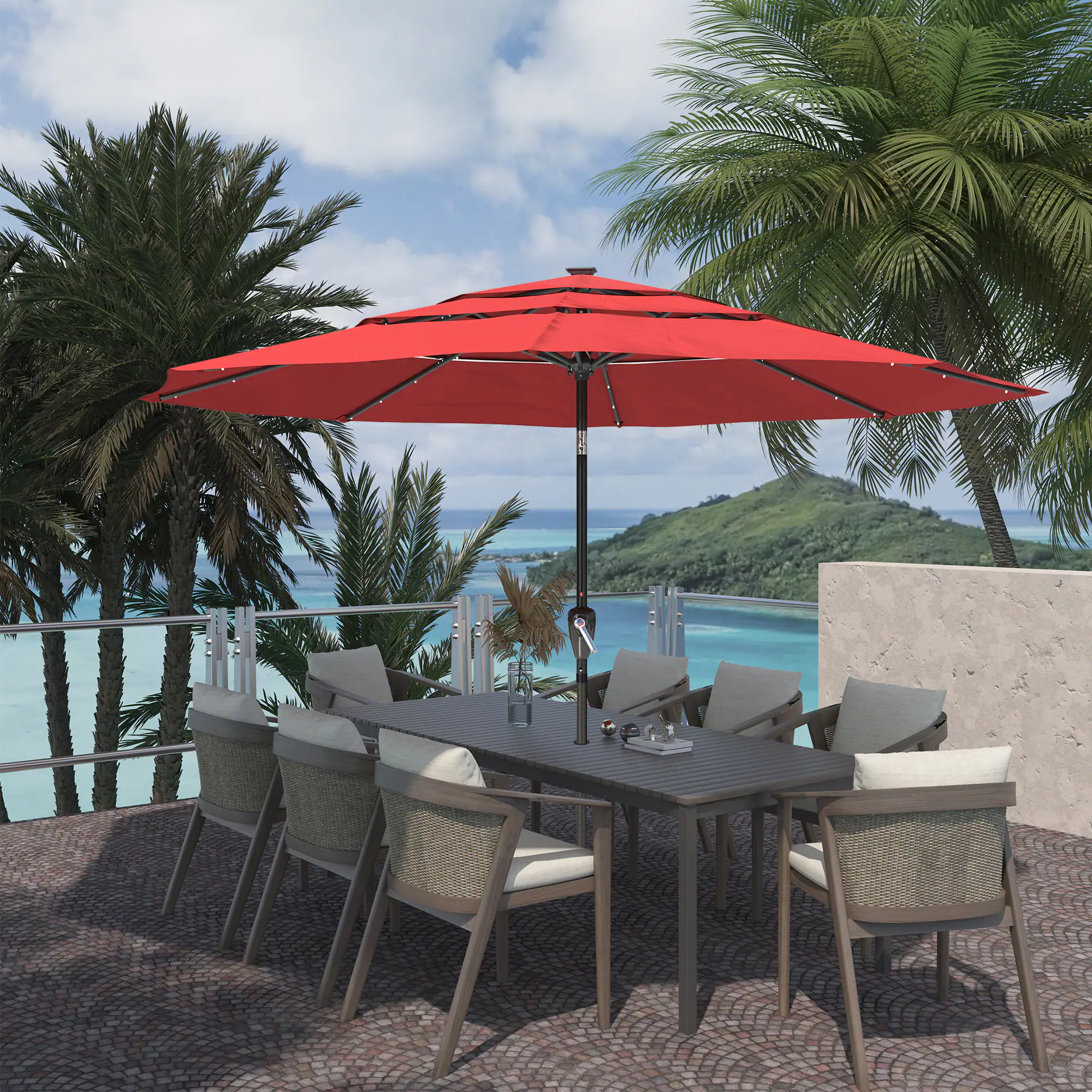 Left. Mondawe - 10ft Patio Market Umbrella Double Airvent Outdoor Umbrella with LED Lights - Red.