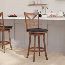 Emma + Oliver - Luc Wooden Crossback Pub Style Barstool with Padded Faux Leather Swivel Seat - Black Vinyl/Antique Oak Frame