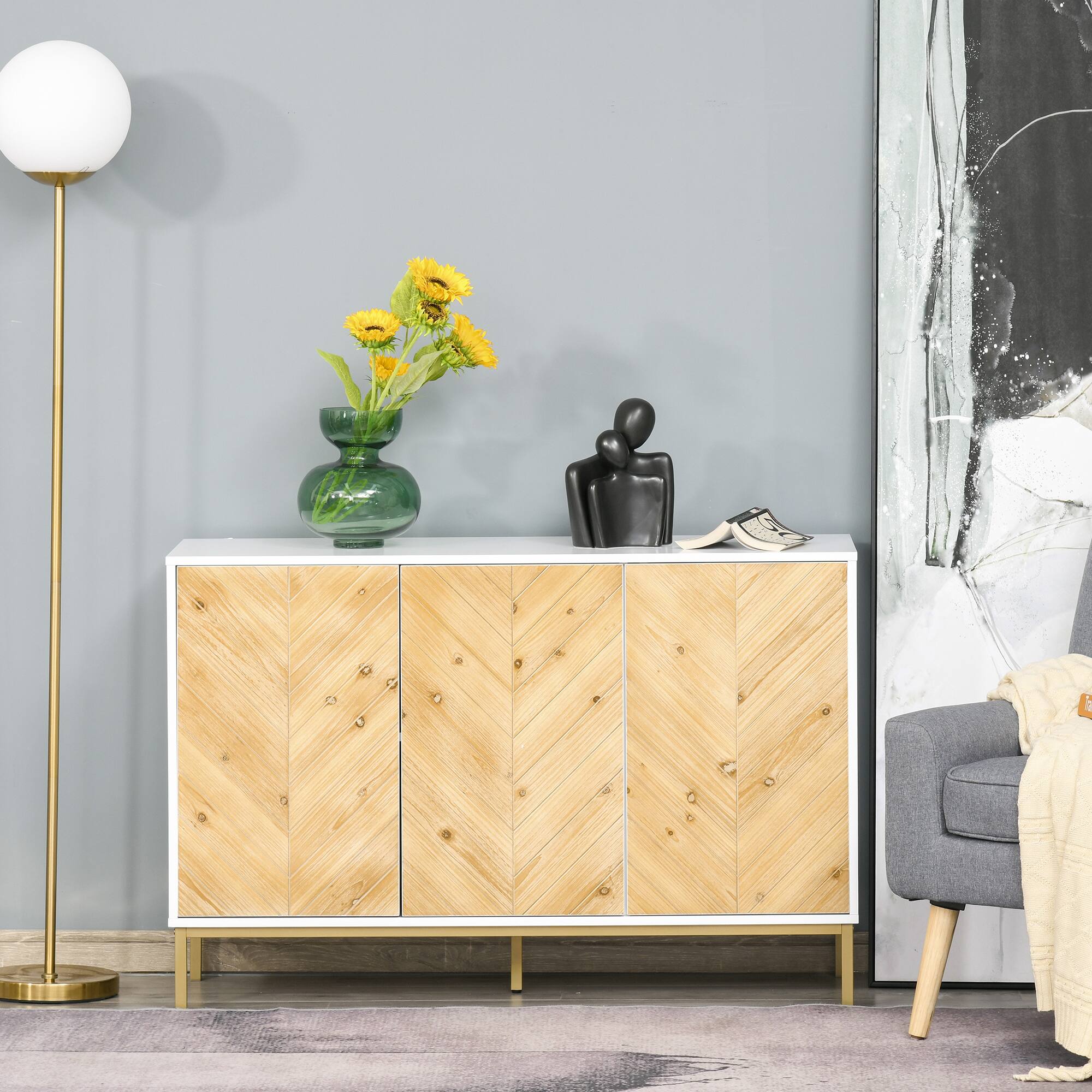 Alt View 1. Homcom - Door Sideboard Buffet Cabinet, Coffee Bar Cabinet with Chevron Pattern, Adjustable Shelf and Metal Legs - Natural.