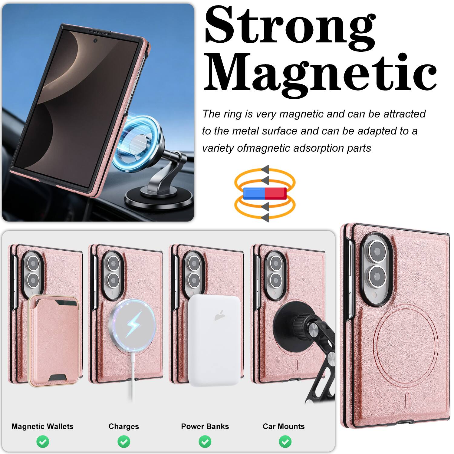 Strong Magnetic  
The ring is very magnetic and can be attracted to the metal surface and can be adapted to a variety of magnetic adsorption parts.  
Magnetic Wallets  
Charges  
Power Banks  
Car Mounts