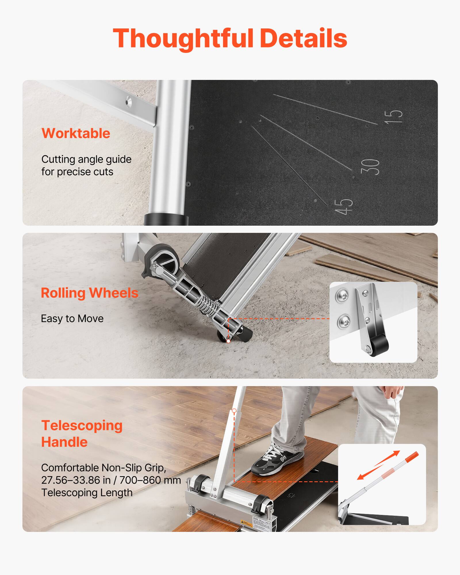 Thoughtful Details

Worktable
Cutting angle guide for precise cuts

Rolling Wheels
Easy to Move

Telescoping Handle
Comfortable Non-Slip Grip, 27.56-33.86 in / 700-860 mm Telescoping Length