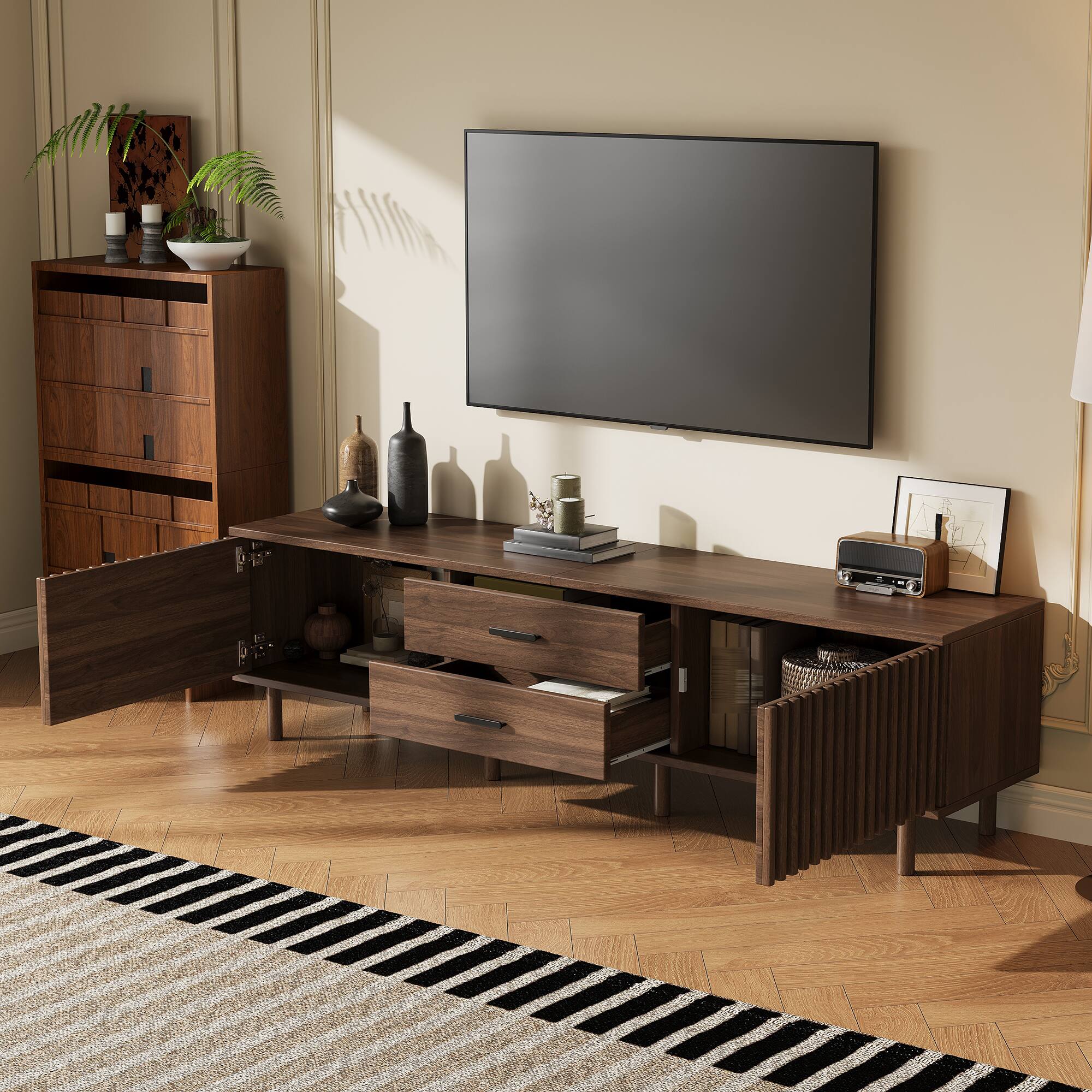 Angle. MERAVOM - Modern TV Stand for TVs up to 80", Entertainment Center with Storage Cabinets, 2 Drawers, Media Console for Living Room - Walnut.