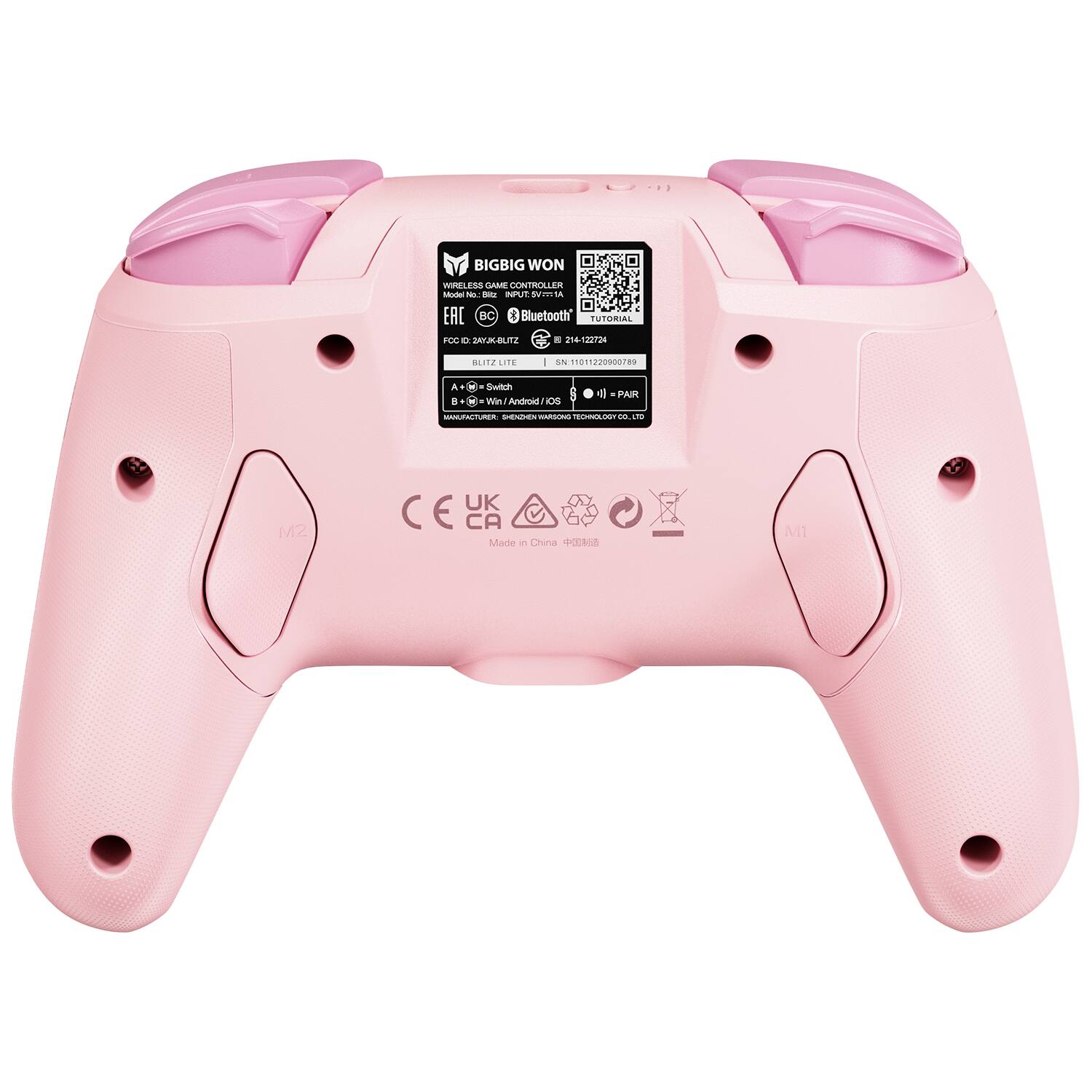 BIGBIG WON  
WIRELESS GAME CONTROLLER  
Model No. B1K  
INPUT: 5V-2A  
FOC ID: 24X4K-BLITZ  
BLITZ LITE  

A = Switch  
B = Win/Android/iOS  

MANUFACTURER: SHENZHEN WOON TECHNOLOGY CO., LTD  

SN: 110122000789  
214-122724  

Made in China  

CE  
UK  
M12  
M2