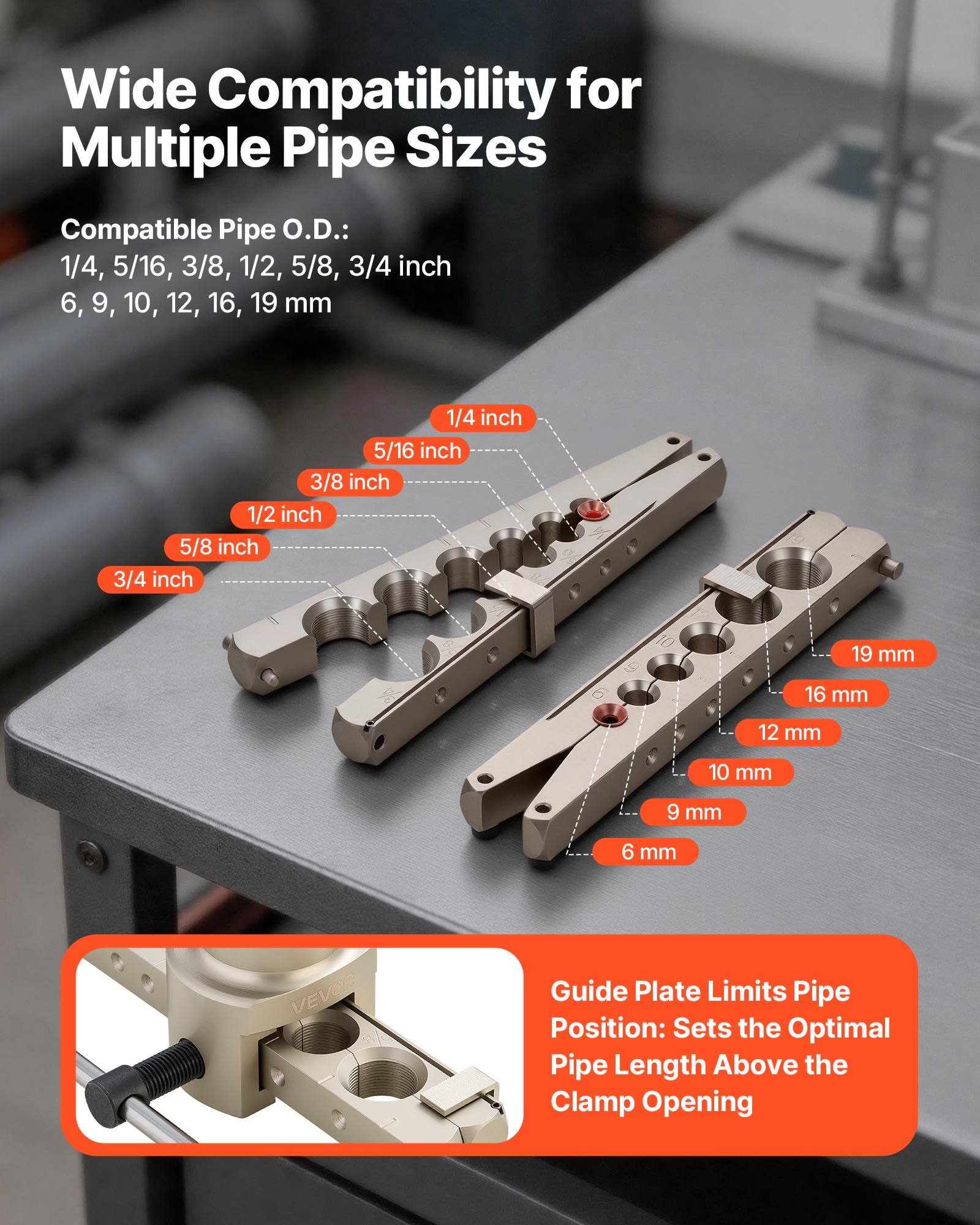 Wide Compatibility for Multiple Pipe Sizes

Compatible Pipe O.D.:
1/4, 5/16, 3/8, 1/2, 5/8, 3/4 inch
6, 9, 10, 12, 16, 19 mm

Guide Plate Limits Pipe Position: Sets the Optimal Pipe Length Above the Clamp Opening