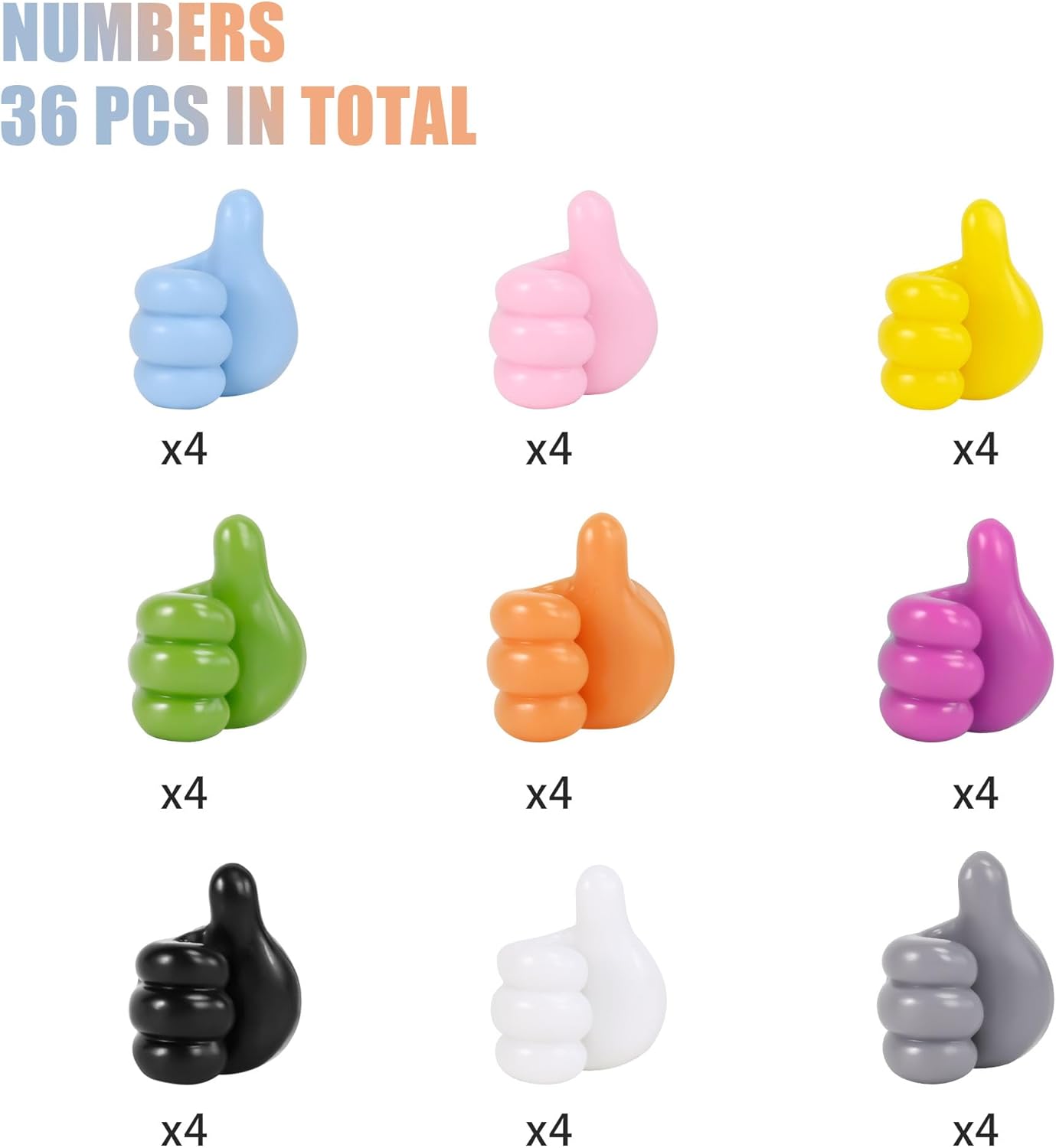 NUMBERS  
36 PCS IN TOTAL  

- Blue x4  
- Pink x4  
- Yellow x4  
- Green x4  
- Orange x4  
- Purple x4  
- Black x4  
- White x4  
- Gray x4