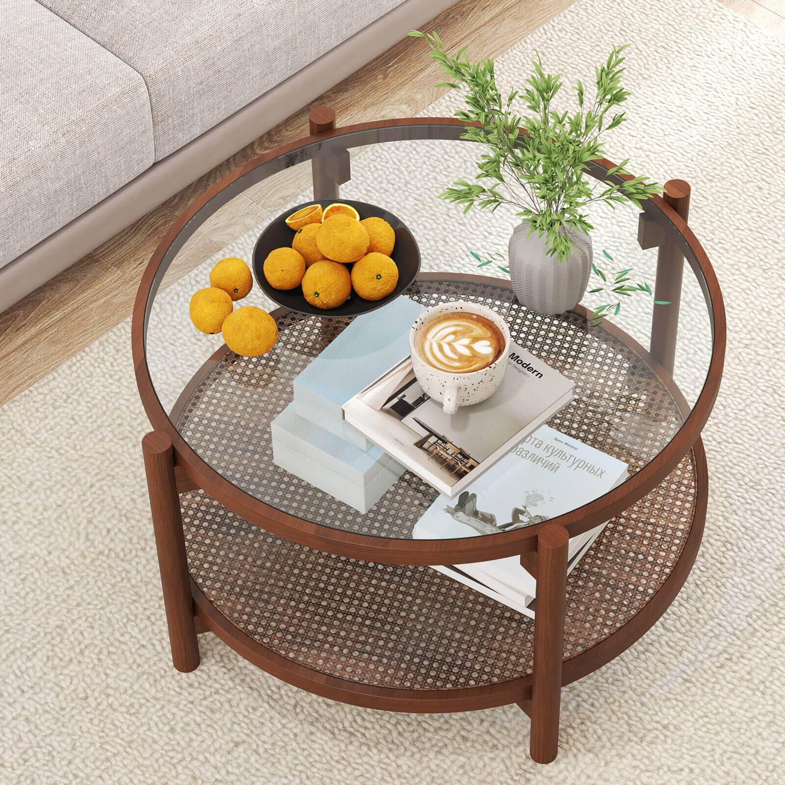 Alt View 4. Costway - Costway Wooden 31" Round Coffee Table with Tempered Glass Top Handmade Rattan Shelf - Brown.