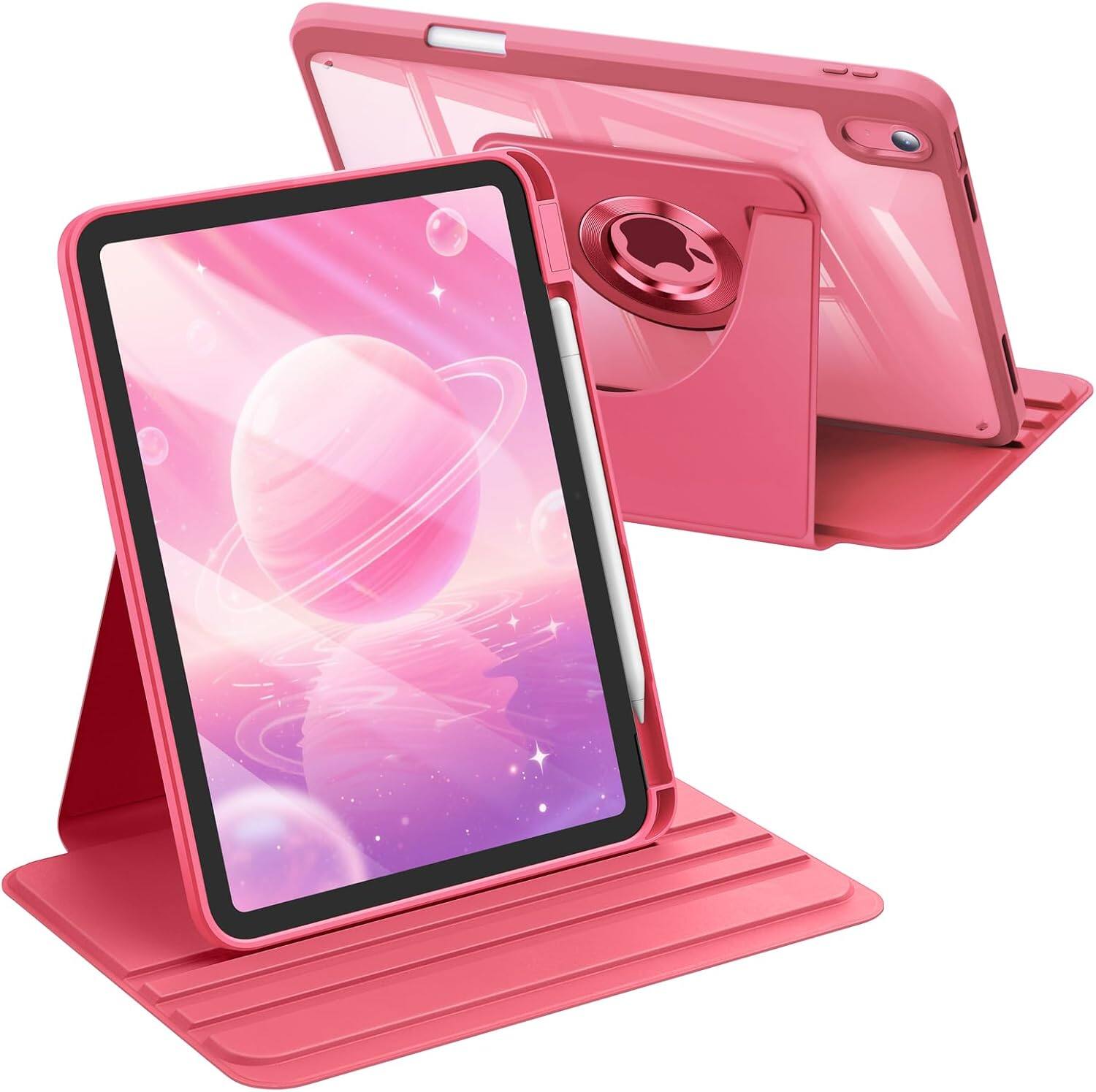 Front. Fintie - Rotating Case for iPad (A16) 11-inch 2025 and iPad 10th Gen 10.9 inch 2022, 360° Swivel Stand, Clear Hard PC Back Cover - Pink.