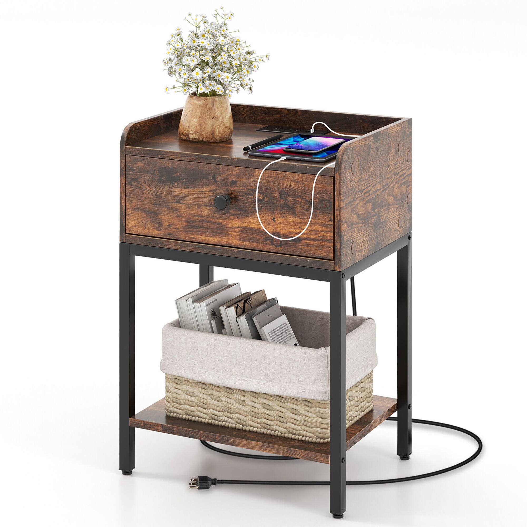 Front. Gymax - Gymax Nightstand Side End Table w/ Charging Station Drawer Open Shelf for Small Space - Rustic Brown.