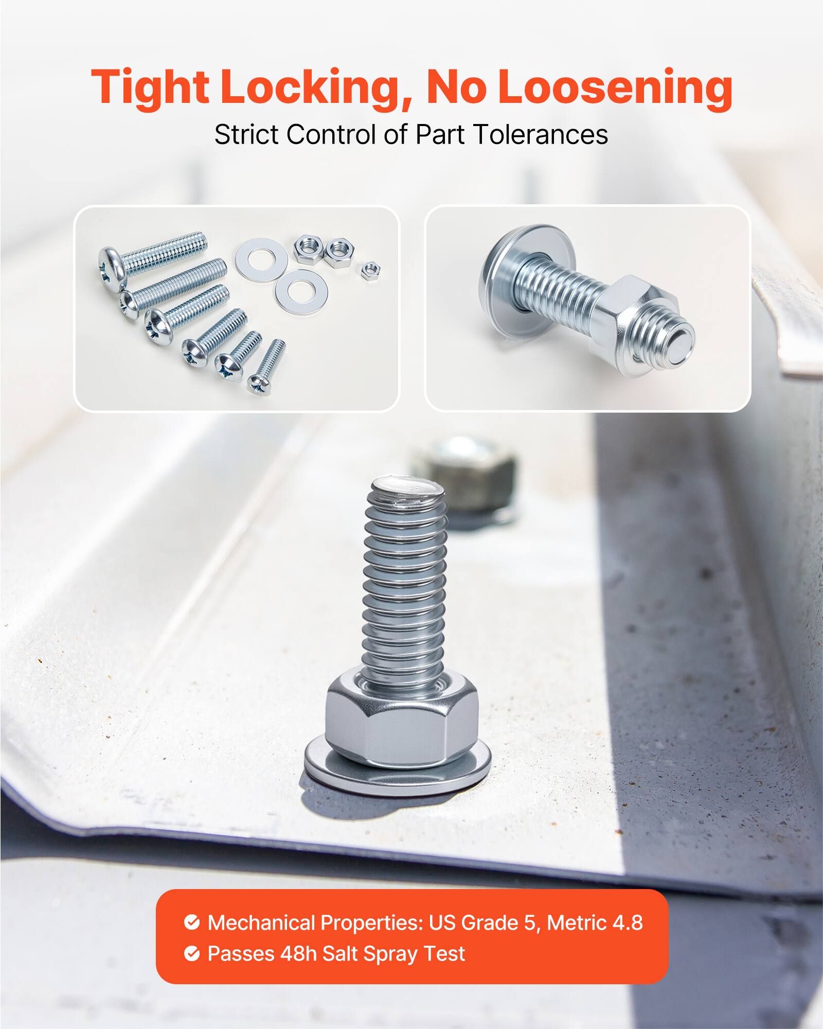 Tight Locking, No Loosening  
Strict Control of Part Tolerances  

Mechanical Properties: US Grade 5, Metric 4.8  
Passes 48h Salt Spray Test