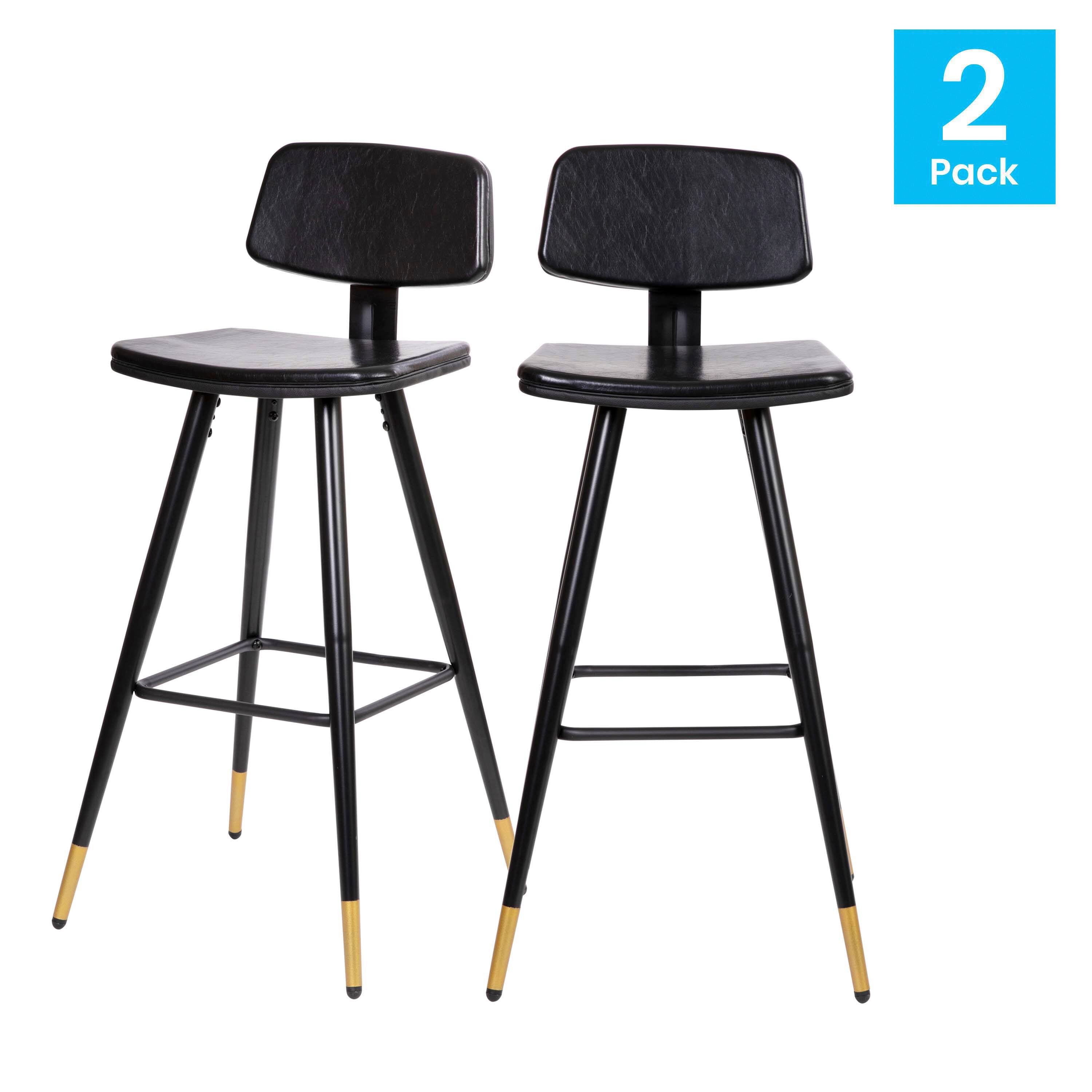 Alt View 2. Emma + Oliver - Set of 2 Commercial Grade LeatherSoft Barstools with Gold Tipped Iron Legs - Black.