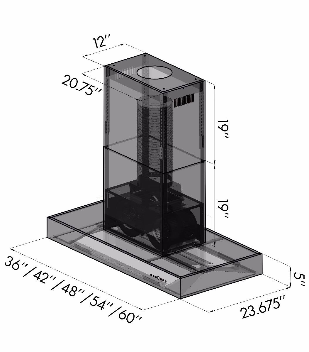 12" 20.75" 19" 36" / 42" / 48" / 54" / 60"  
5" 23.675"