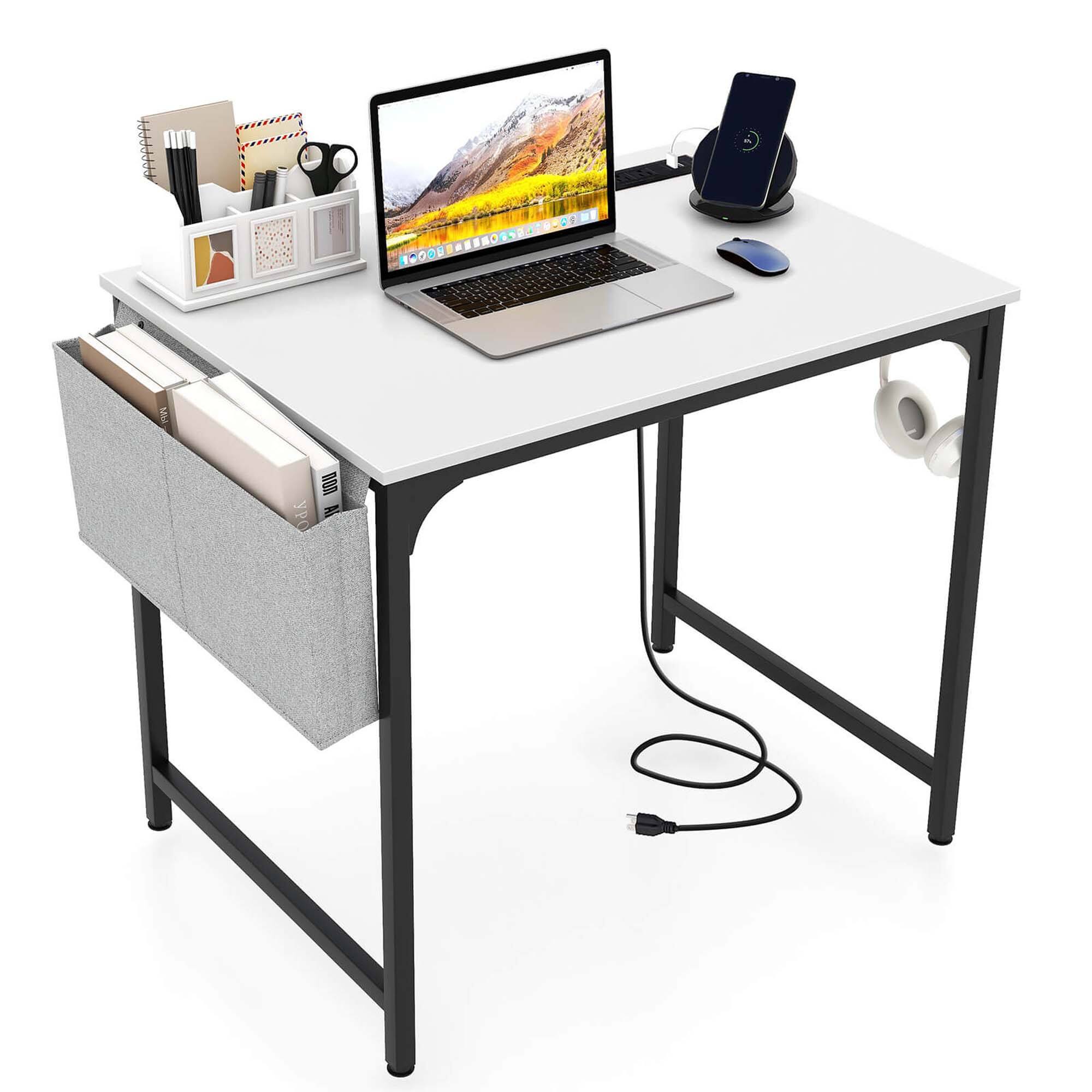 Costway - 32" Computer Desk Small with Charging Station Storage Bag & Headphone Hook - White,Black