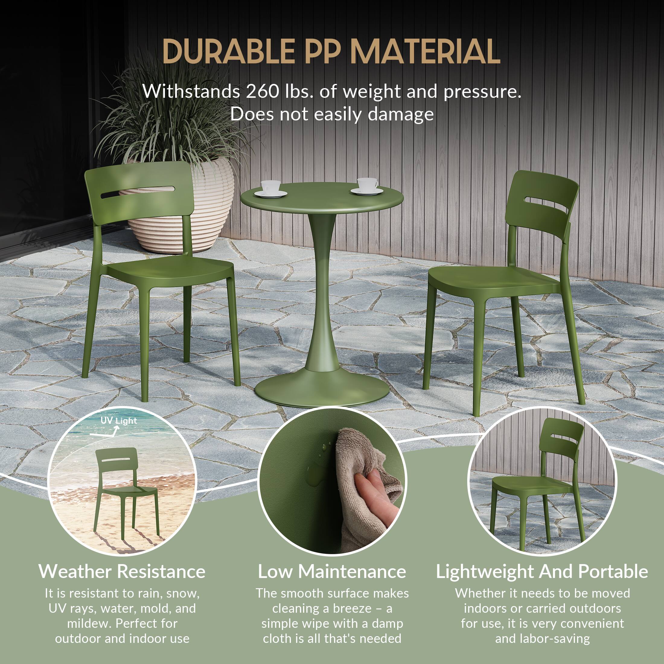 DURABLE PP MATERIAL  
Withstands 260 lbs. of weight and pressure. Does not easily damage

UV Light  
Weather Resistance  
It is resistant to rain, snow, UV rays, water, mold, and mildew. Perfect for outdoor and indoor use

Low Maintenance  
Lightweight And Portable  
The smooth surface makes cleaning a breeze - a simple wipe with a damp cloth is all that's needed and labor-saving
