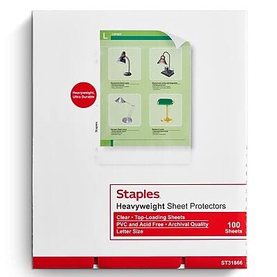Staples  
Heavyweight Sheet Protectors  
Clear, Top-Loading Sheets  
PVC and Acid Free, Archival Quality  
Letter Size  
100 Sheets  
ST31866