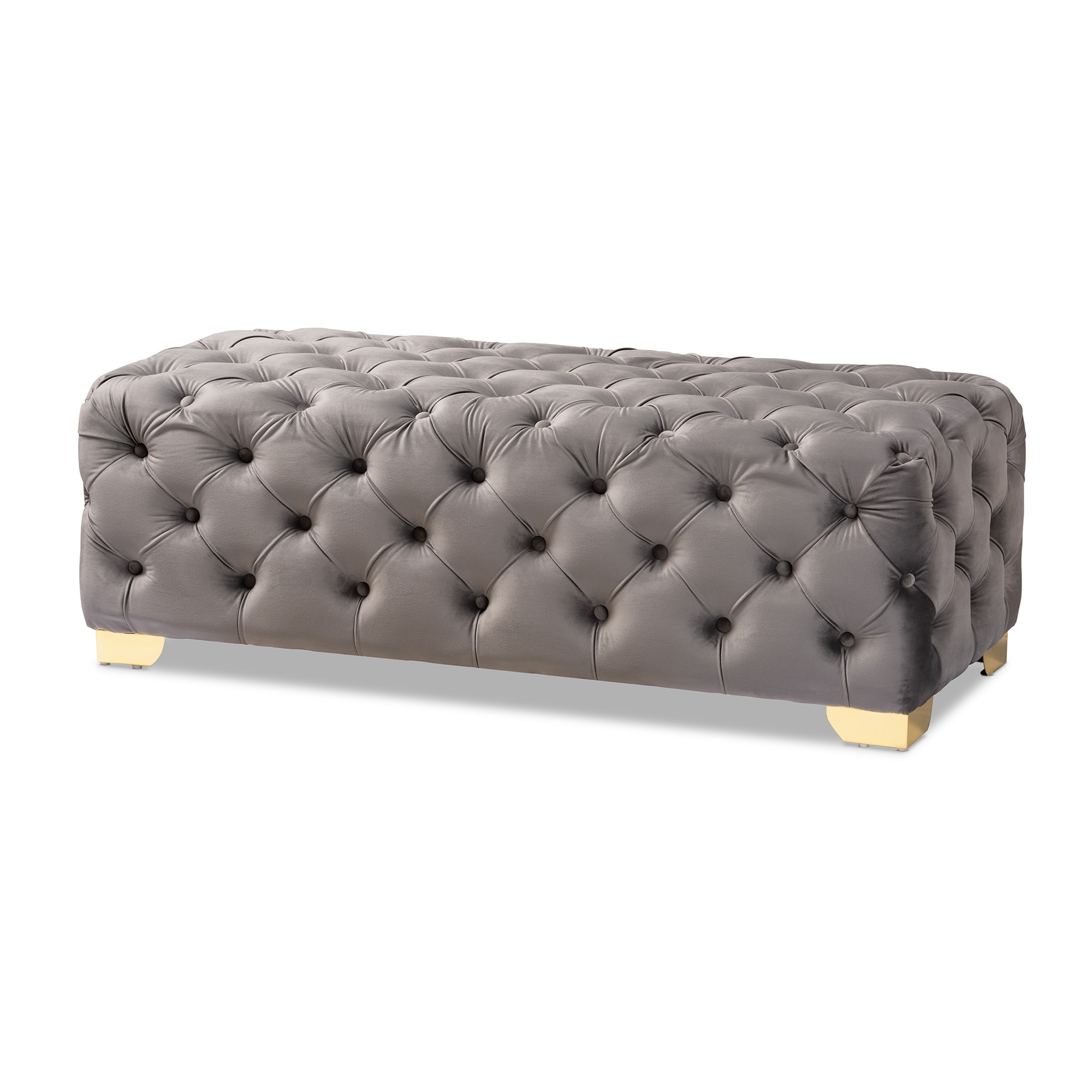 Baxton Studio - Avara Glam and Luxe Velvet Fabric Upholstered Gold Finished Button Tufted Bench Ottoman - Gray/Gold