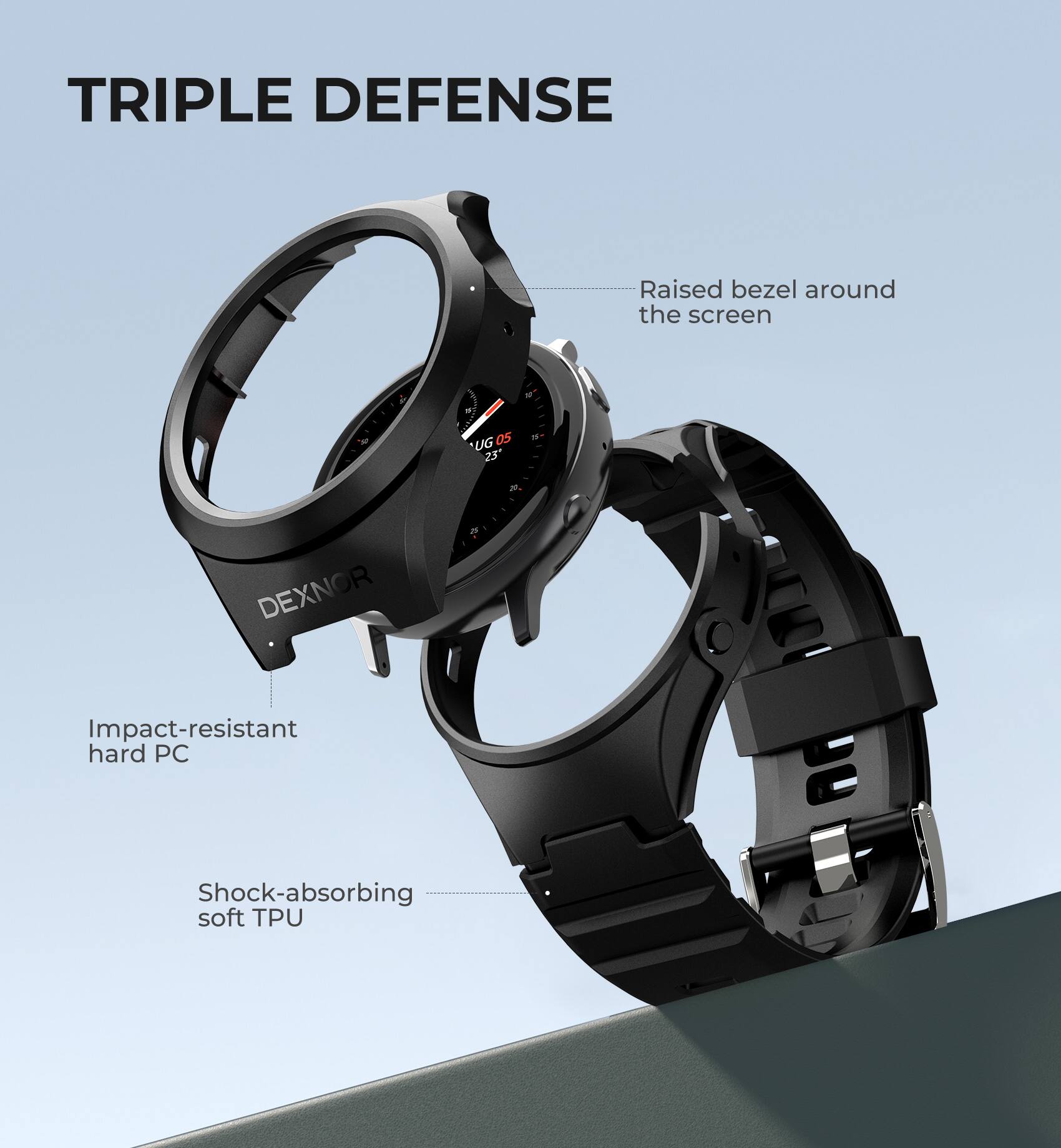 TRIPLE DEFENSE

Raised bezel around the screen

Impact-resistant hard PC

Shock-absorbing soft TPU