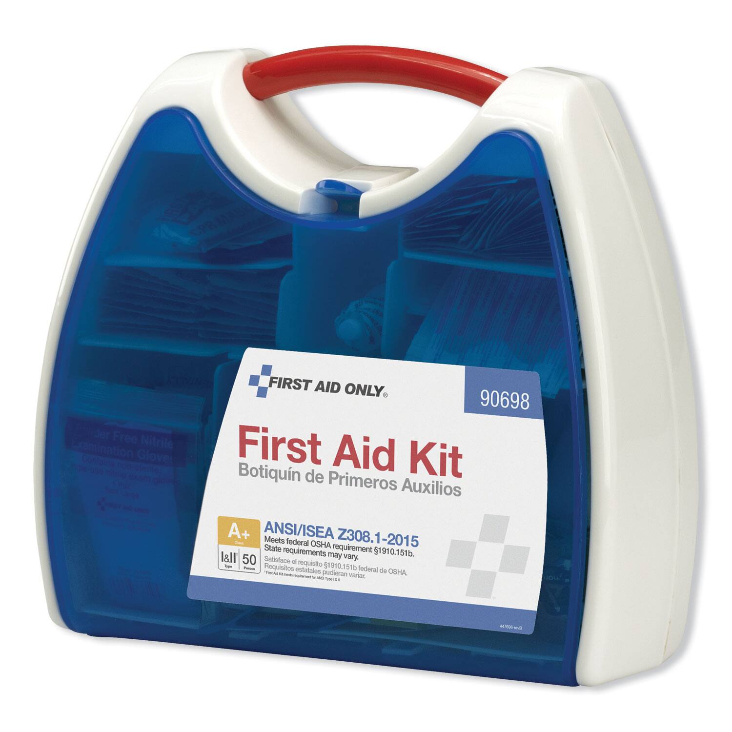 COVA FIRST AID ONLY.  
90698  
Free Examination Nitrile First Aid Kit  
Botiquín de Primeros Auxilios - A+  
ANSI/ISEA Meets Z308.1-2015  
Meets federal OSHA requirements 1910.151b.  
State requirements may vary.  
Requisitos estatales de OSHA pudieran variar.