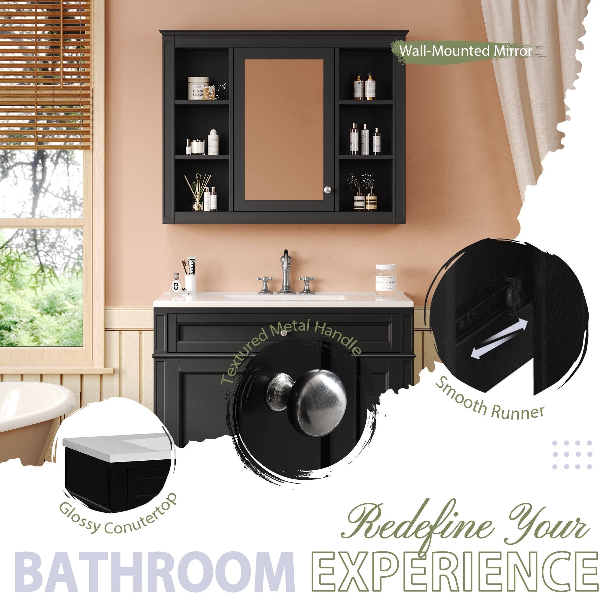 Wall-Mounted Mirror  
Metal Handle  
Textured Smooth Runner  
Glossy Countertop  
Redefine Your BATHROOM EXPERIENCE
