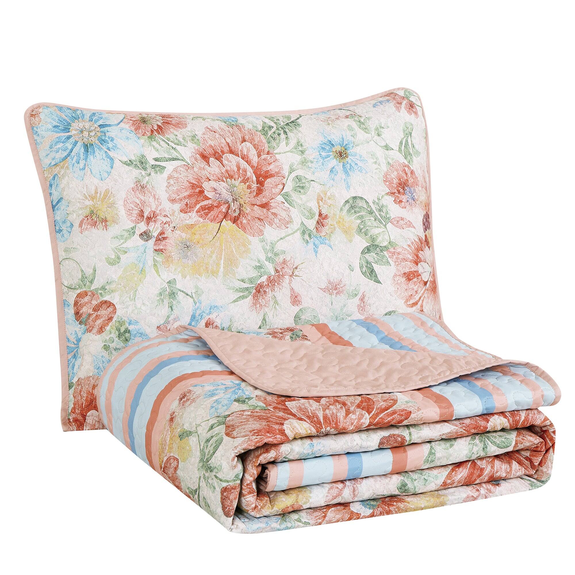 Alt View 1. MarCielo - MarCielo 3 Piece Lightweight Quilt Bedspread Set Reversible Floral Botanical - Peony Pink Border.