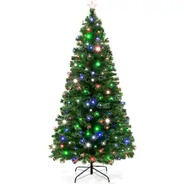 Best Choice Products - 7ft Pre-Lit Fiber Optic Artificial Pine Christmas Tree w/ 280 Multicolored LED Lights, 8 Sequences - Green