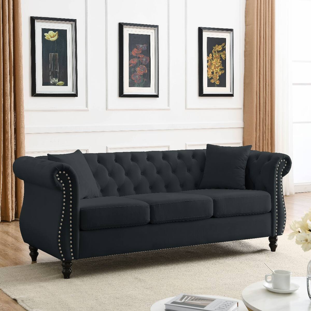 Left. Ropilly - Ropilly 80 Inch Black Velvet Chesterfield Sofa, 3 Seater Tufted Couch with Rolled Arms and Nailhead Trim - Black.