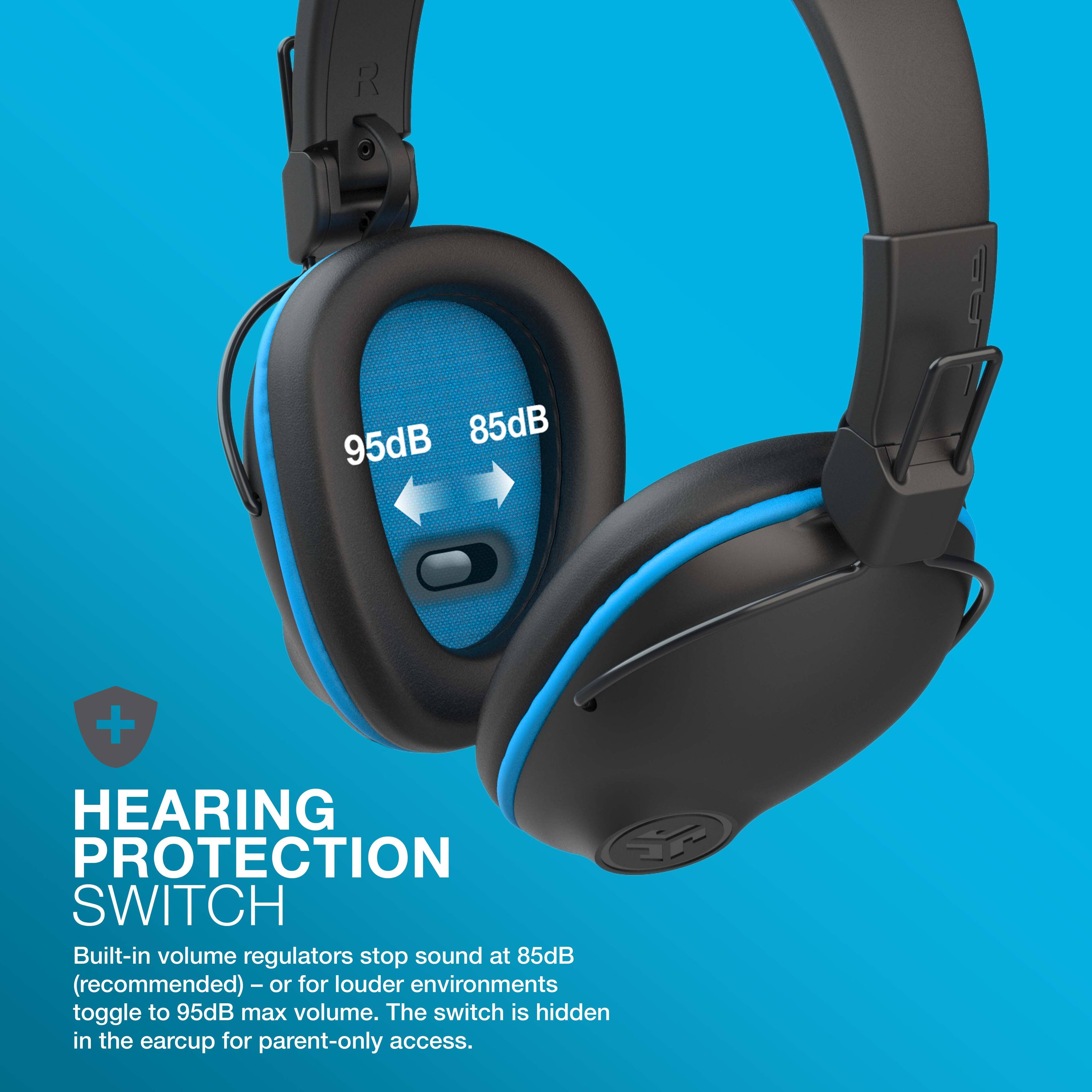The image features a pair of black headphones with a blue and white design. The headphones are equipped with a hearing protection switch, which allows the volume to be regulated at 85dB or 95dB, depending on the user's preference. The switch is hidden in the earcup, ensuring that it is only accessible to parents or guardians. The headphones are designed to provide a comfortable and safe listening experience for children, with built-in volume regulators that stop sound at 85dB, which is recommended for louder environments.