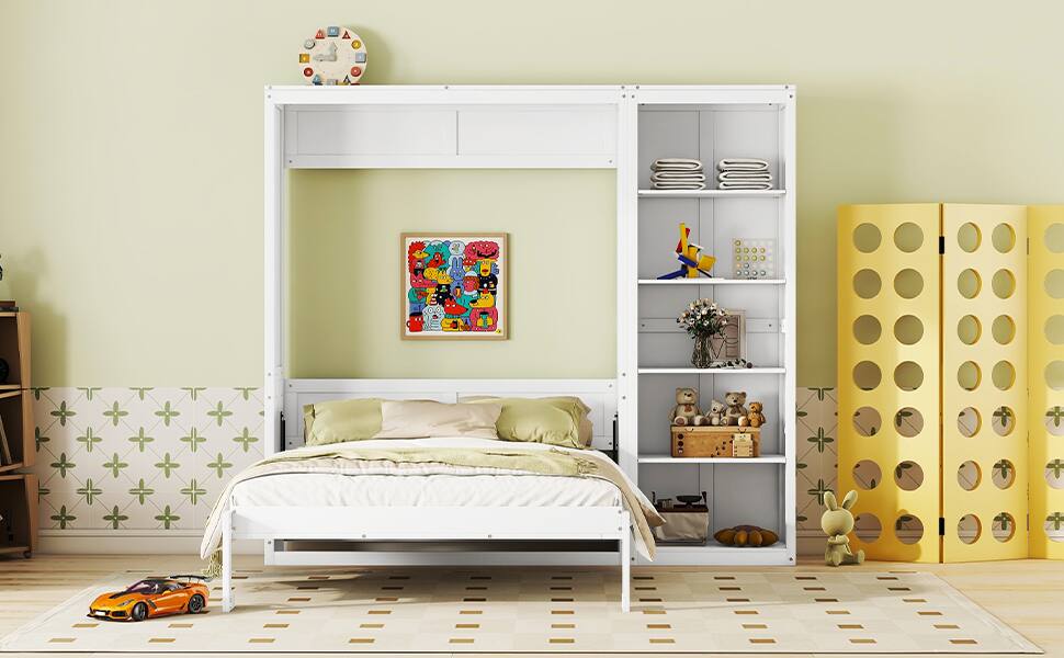 Alt View 9. Tiramisubest - Queen Size Murphy Wall Bed with Shelves, White, Wood + MDF, Space-Saving - White.