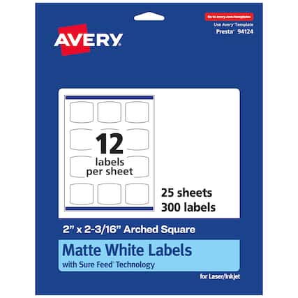 Go to avery.com/templates
AVERY
Use Avery™ Template Presta® 94124
12 labels per sheet
25 sheets
300 labels
2" x 2-3/16" Arched Square Matte White Labels with Sure Feed Technology for Laser/Inkjet