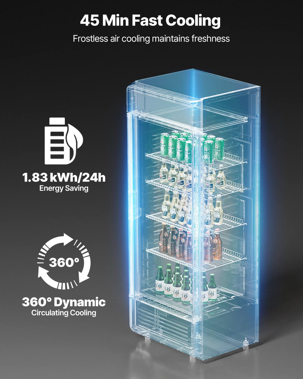 45 Min Fast Cooling Frostless air cooling maintains freshness
1.83 kWh/24h Energy Saving
360 Dynamic Circulating Cooling