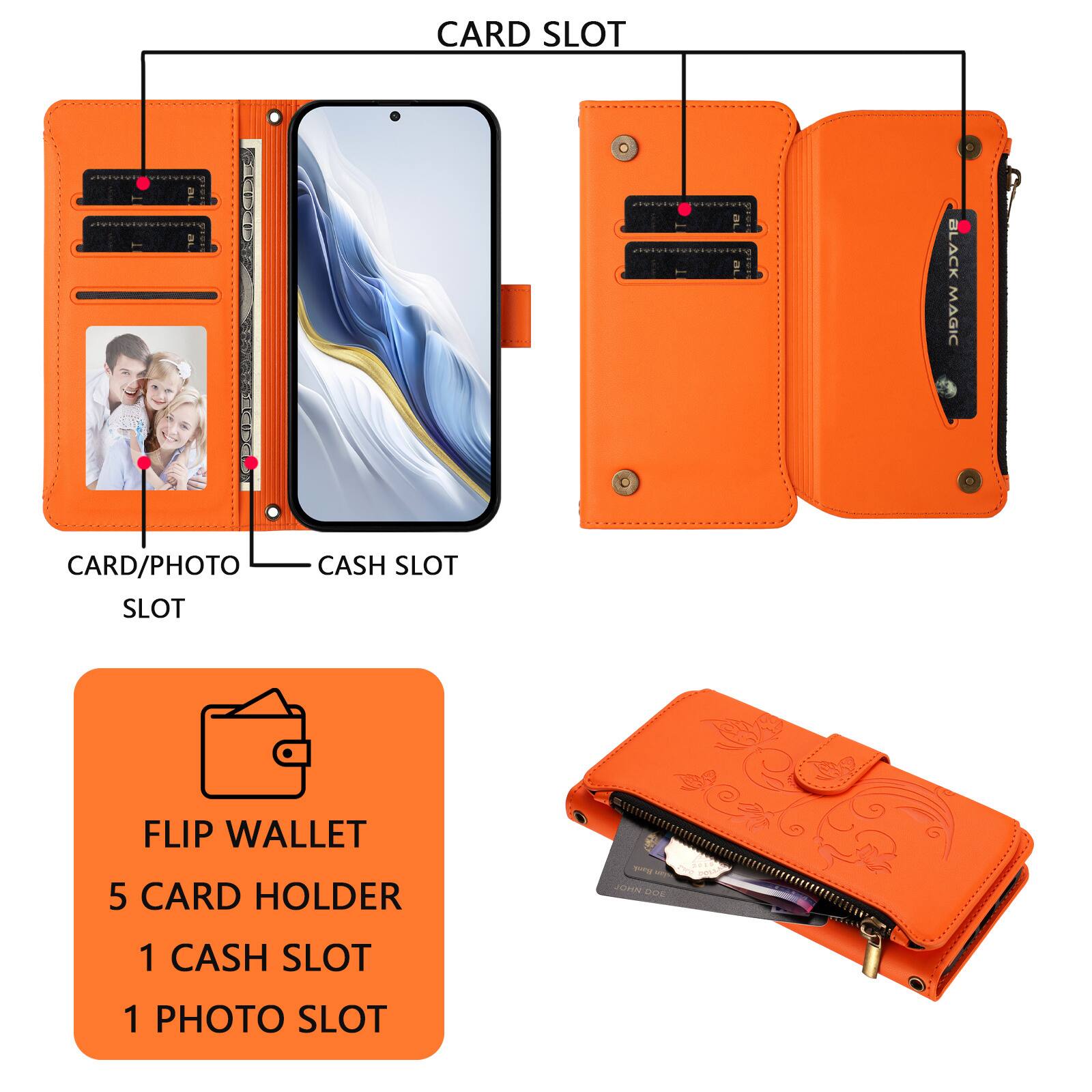 CARD SLOT  
CARD/PHOTO SLOT  
CASH SLOT  

FLIP WALLET  
5 CARD HOLDER  
1 CASH SLOT  
1 PHOTO SLOT  

BLACK MAGIC