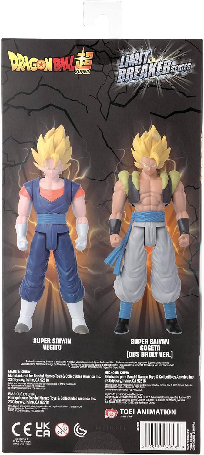 DRAGON BALL SUPER  
LIMIT BREAKER SERIES  

SUPER SAIYAN VEGITO  
SUPER SAIYAN GOGETA [DBS BROLY VER.]  

Each sold separately  
Subject to availability  

MADE IN CHINA  
HECHO EN CHINA  
Manufactured for Bandai Namco Toys & Collectibles America Inc.  
23 Odyssey, Irvine, CA 92618  

TOEI ANIMATION