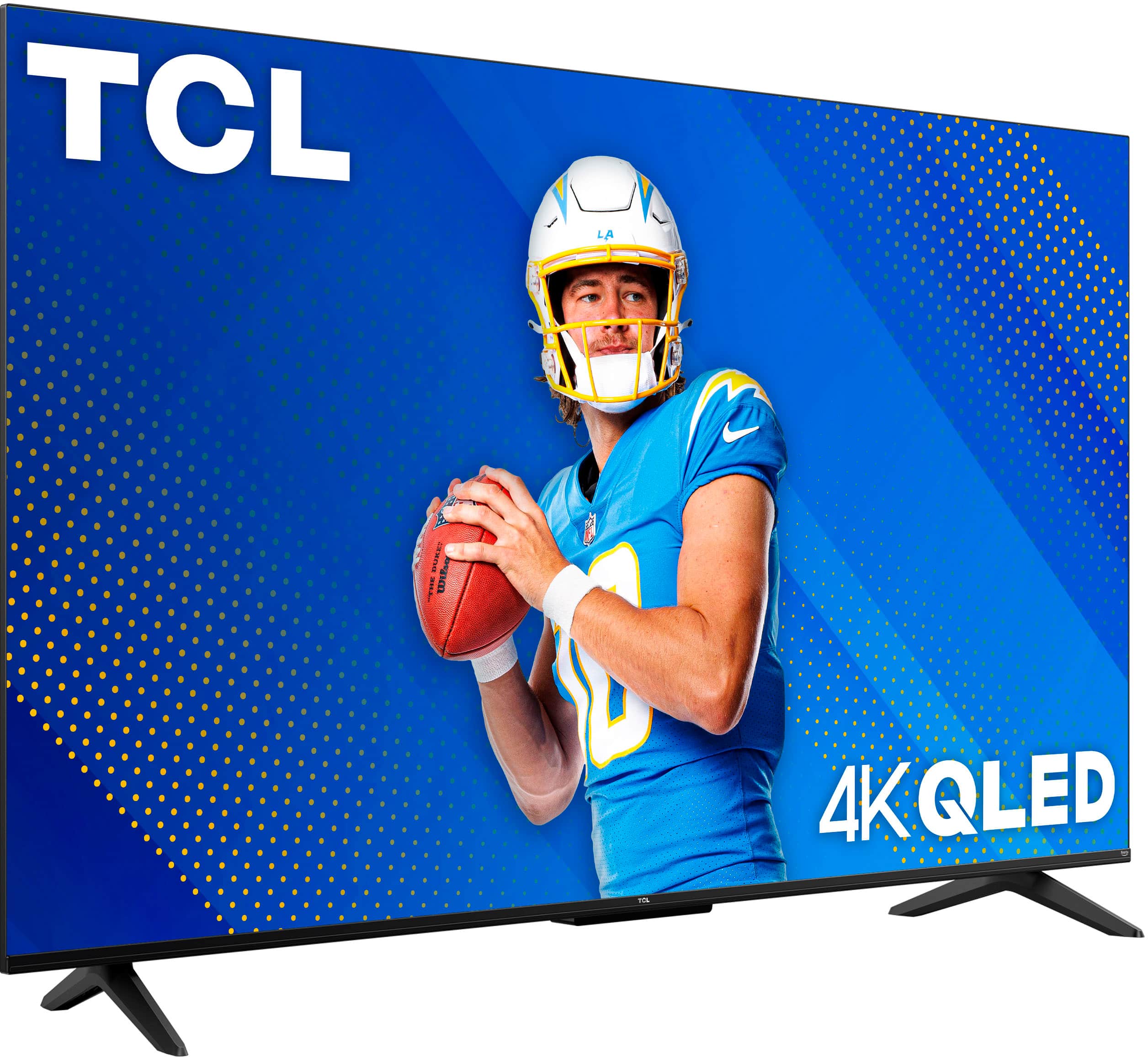 TCL 4K QLED: a 4K QLED TV with a football player on the screen.