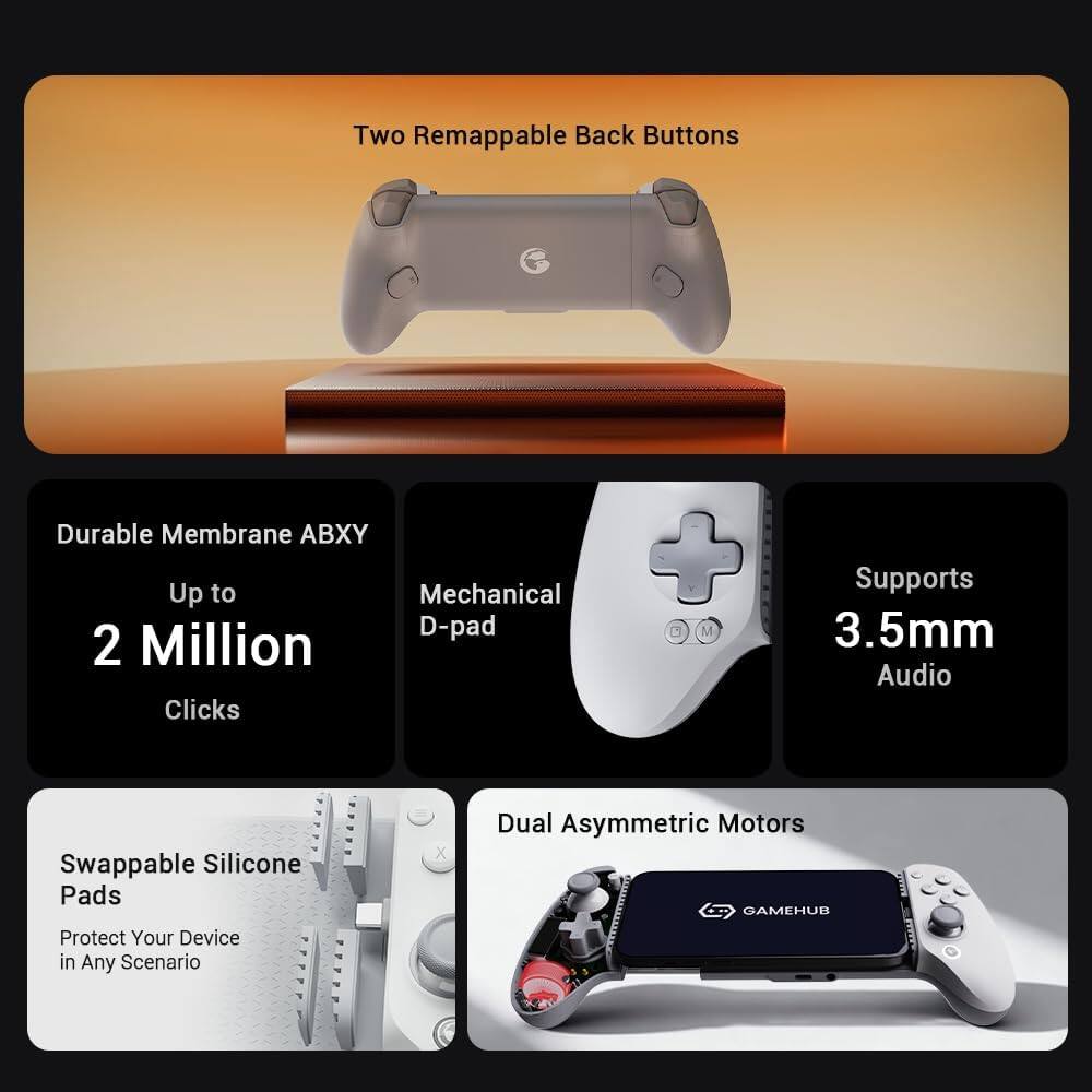 Two Remappable Back Buttons

Durable Membrane ABXY
Up to 2 Million Clicks

Mechanical D-pad

Supports 3.5mm Audio

Swappable Silicone Pads
Protect Your Device in Any Scenario

Dual Asymmetric Motors

GAMEHUB