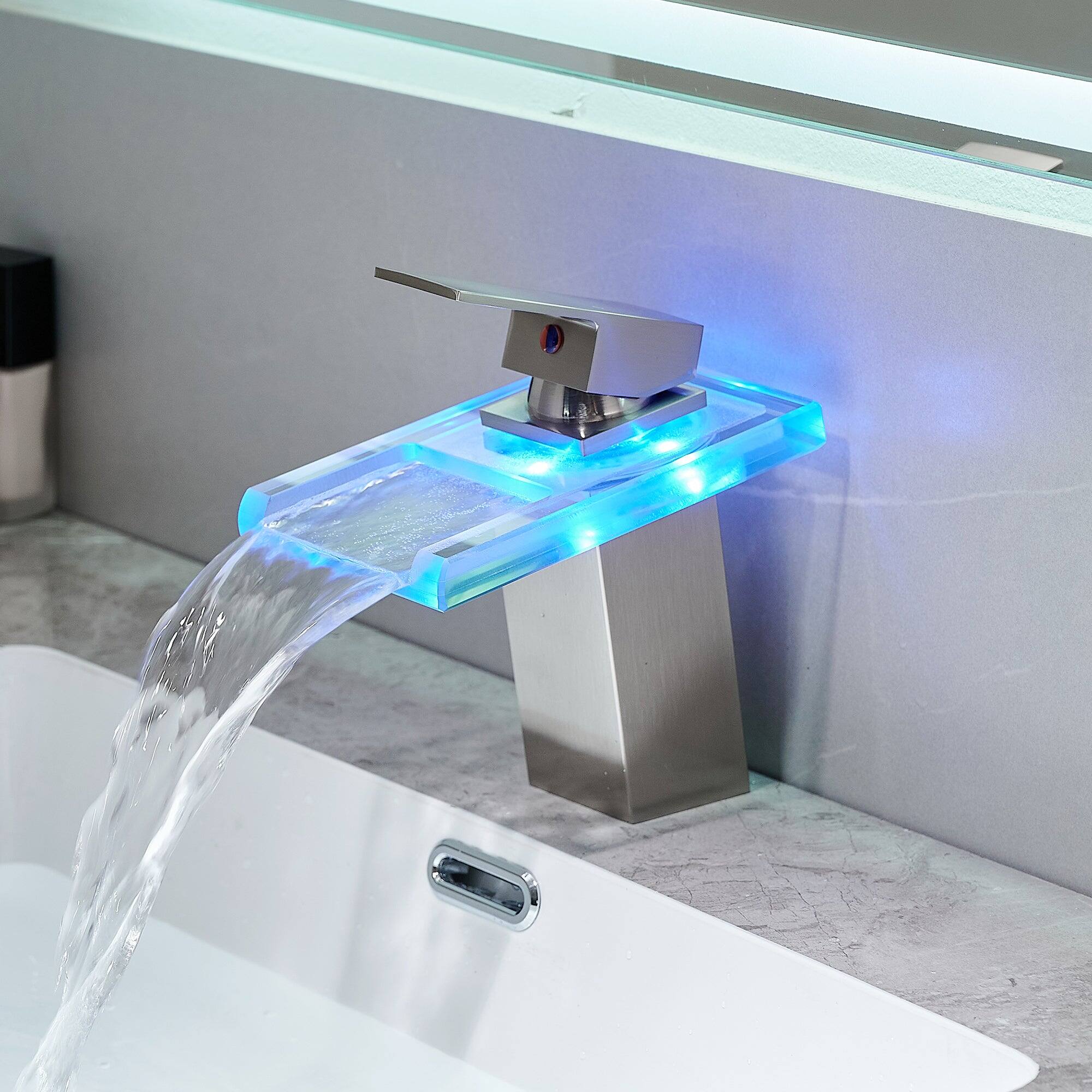 Left. Boyel Living - Single Handle Single Hole Bathroom Faucet Brushed Nickel with LED Temperature Sensor and Supply Hoses Easy Install - Brushed Nickel.