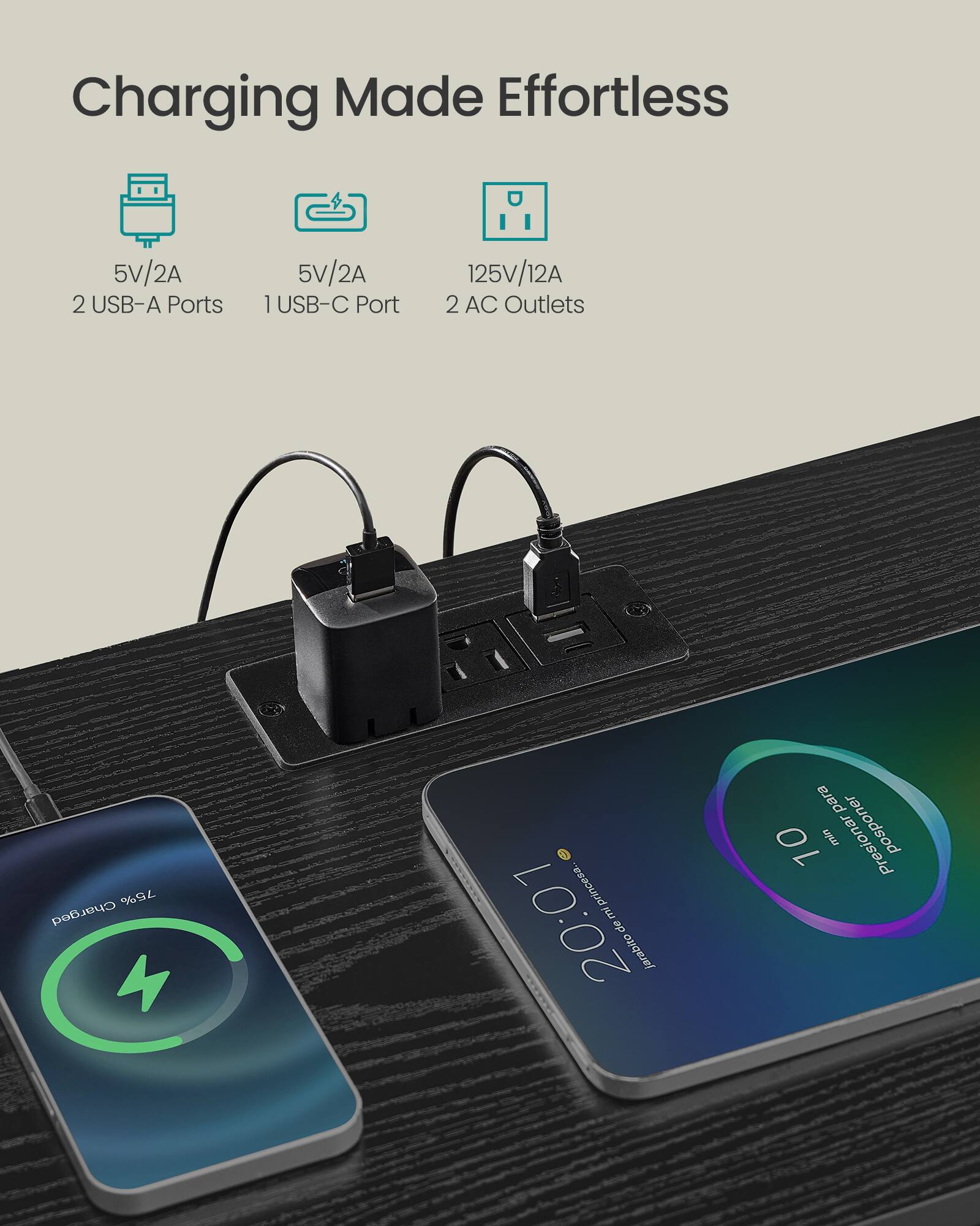 Charging Made Effortless  
5V/2A 2 USB-A Ports  
5V/2A 1 USB-C Port  
125V/12A 2 AC Outlets  
75% Charged  

20:01 de jarabito para 10 nirm posponer