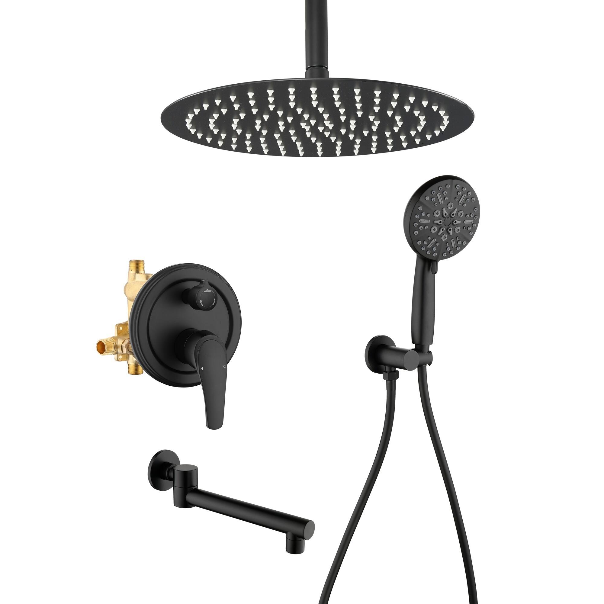 Front. Boyel Living - Matte Black 12-Inch Rain Shower System Brass SUS304 3-Function Valve 7-Function Handheld 180° Spout cUPC - Black.